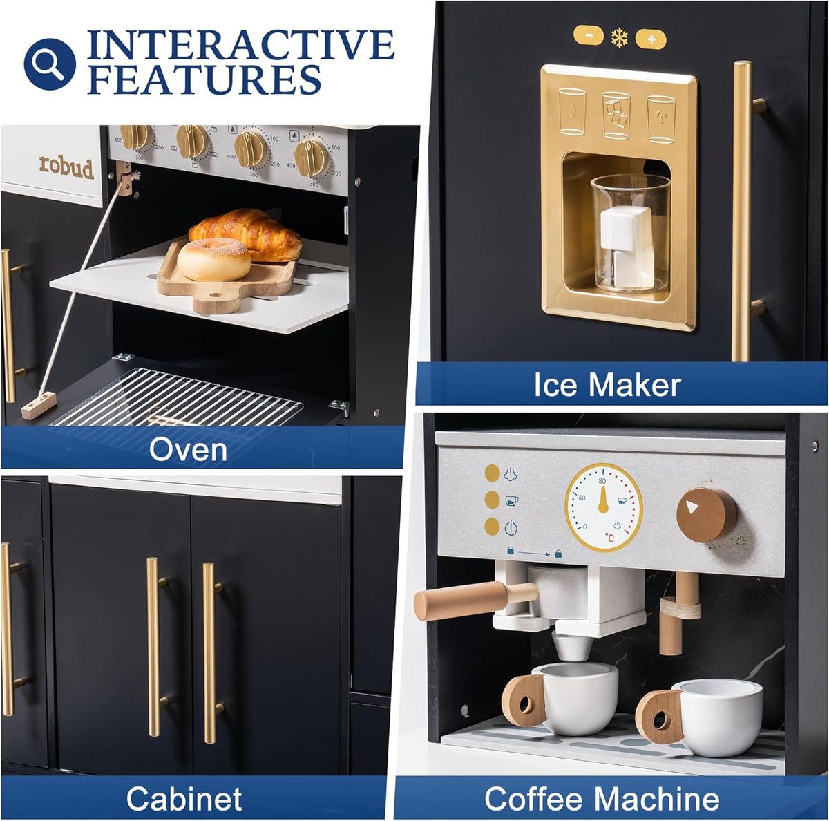 Robud wooden play kitchen black, top-down view of components