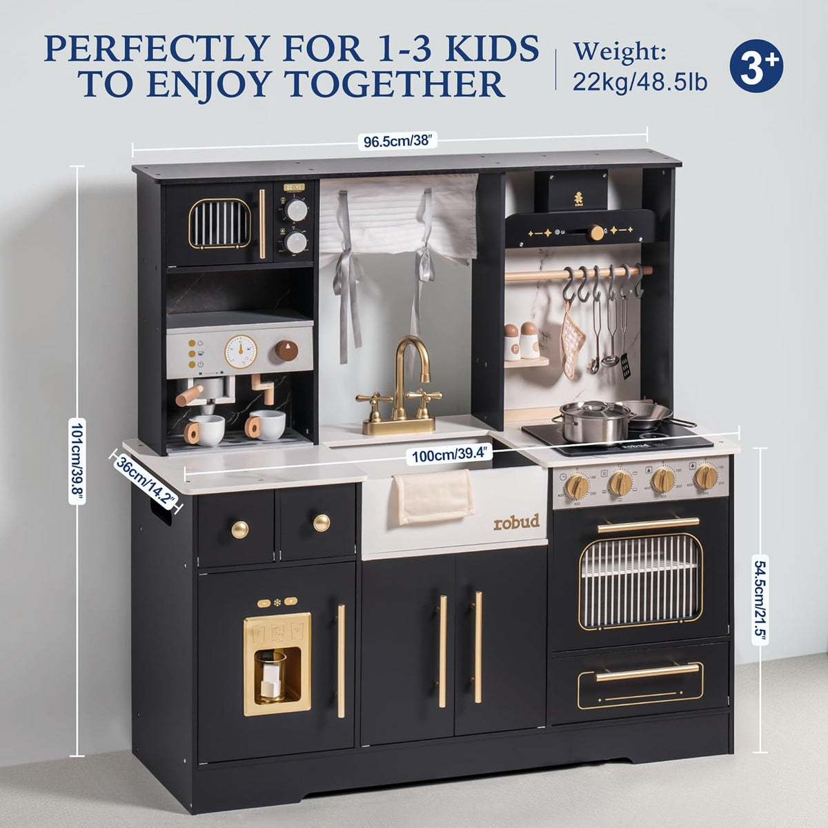 Robud wooden play kitchen black, size and scale comparison