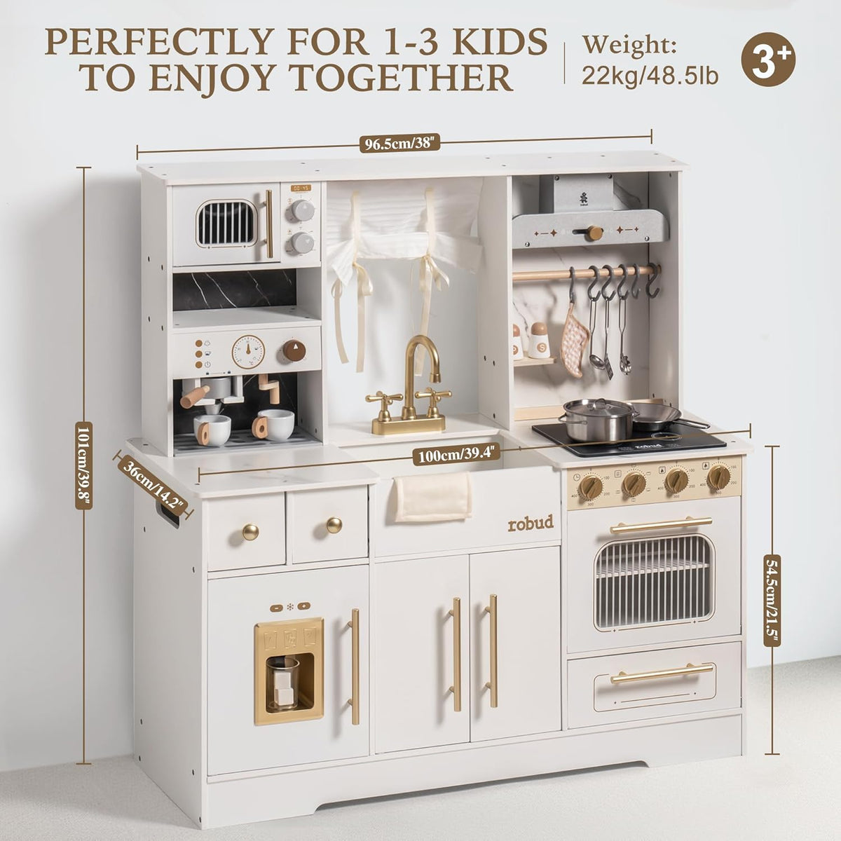 ROBUD Modern Play Kitchen accessories flat-lay showing stainless steel pot and pan, cooking tongs, two ceramic cups, espresso portafilter, glass cup, salt and pepper shakers, hooks and linen cloth