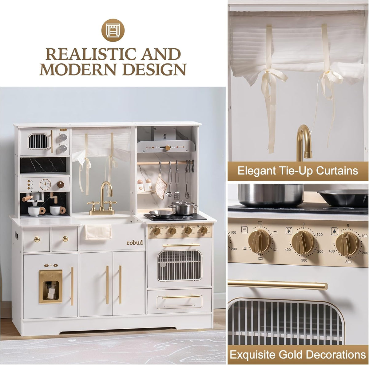 ROBUD Modern Play Kitchen interactive features infographic with callout panels showing range hood, open drawers, rotating stove knob, gold faucet and microwave with timer display