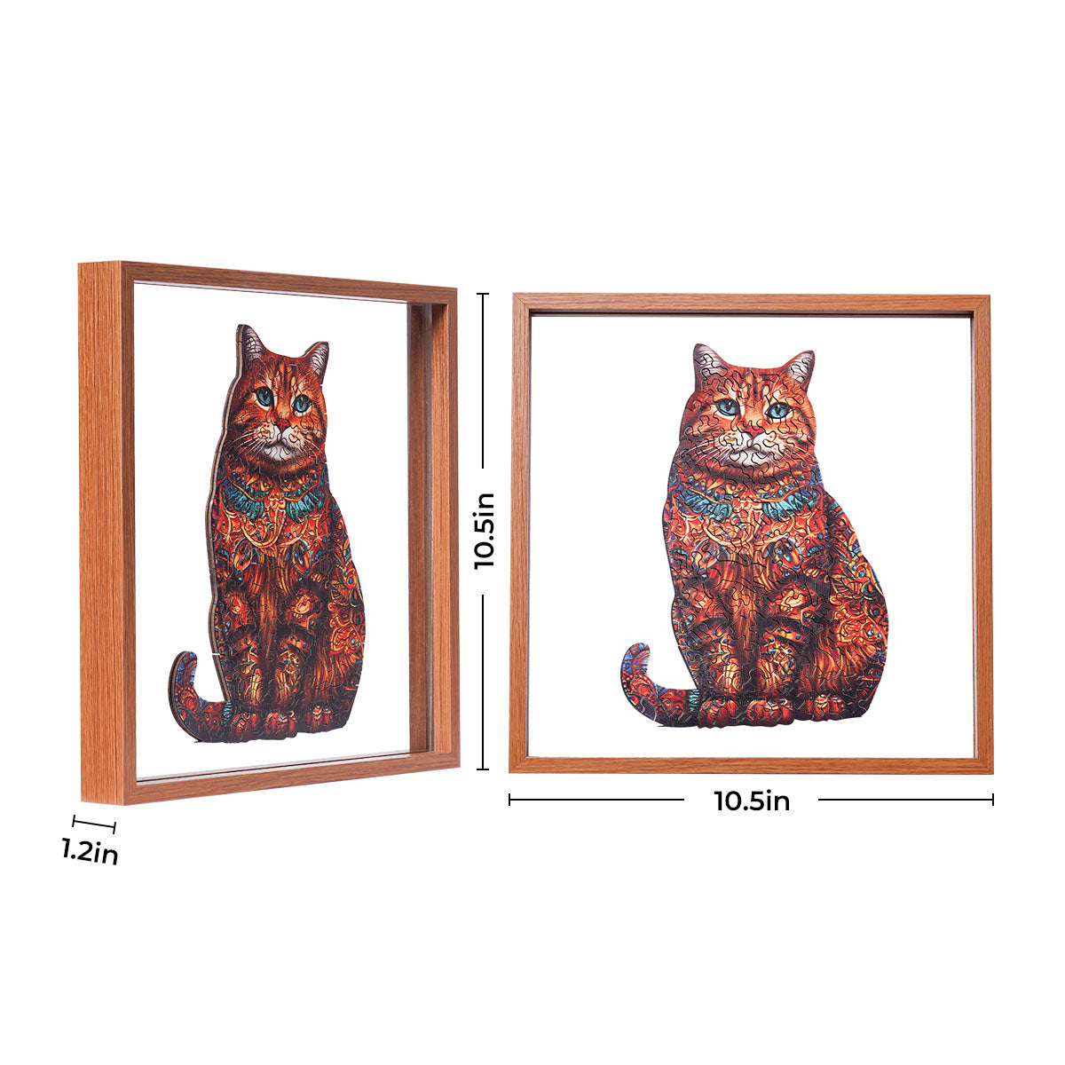 Rowood Exotic Cat wooden jigsaw puzzle displayed in a 10.5 by 10.5 inch shadow box frame showing front and side profile views with dimensions