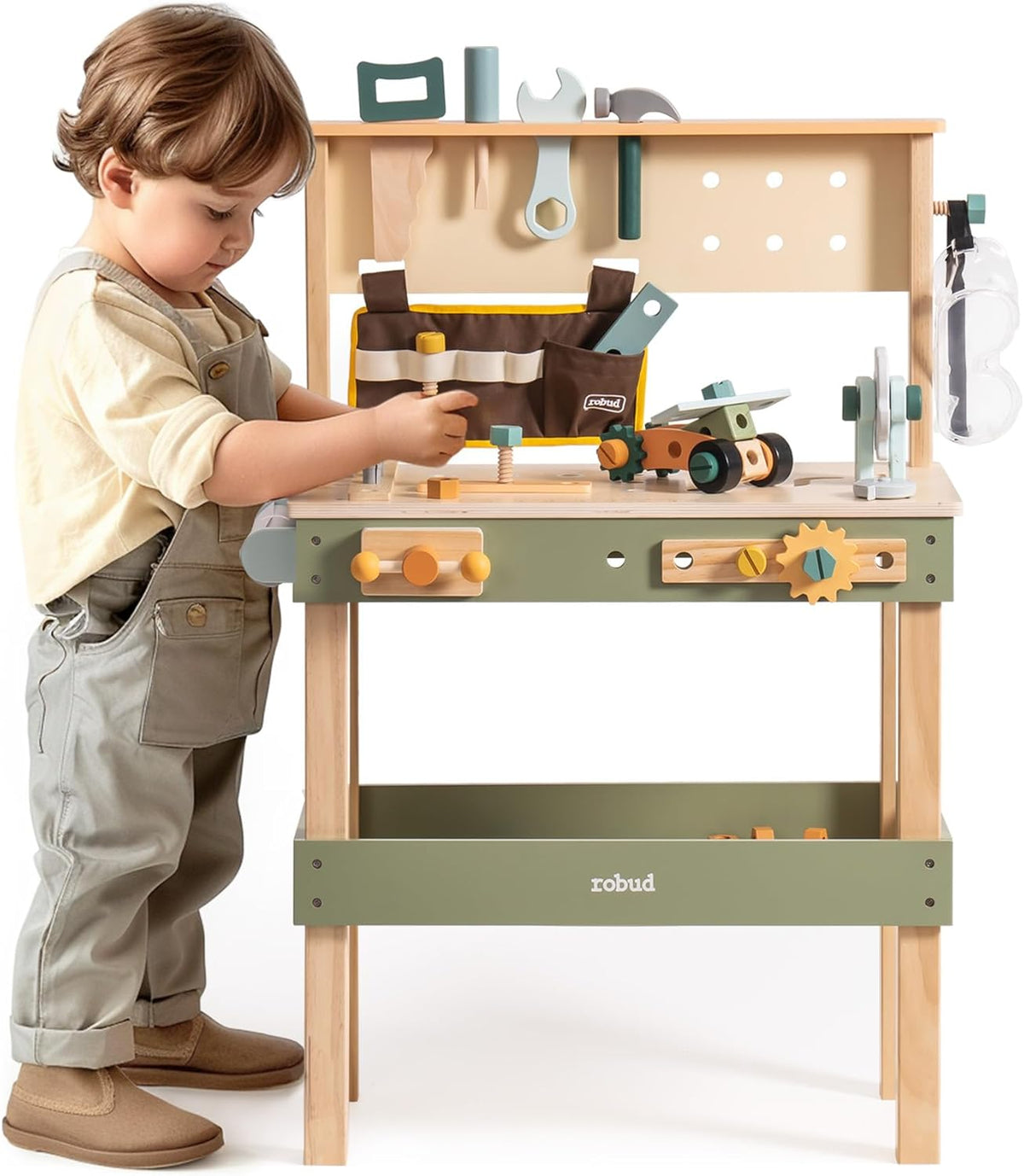 Robud avocado green tool bench front view with mounted tools, spinning gears and colorful knobs