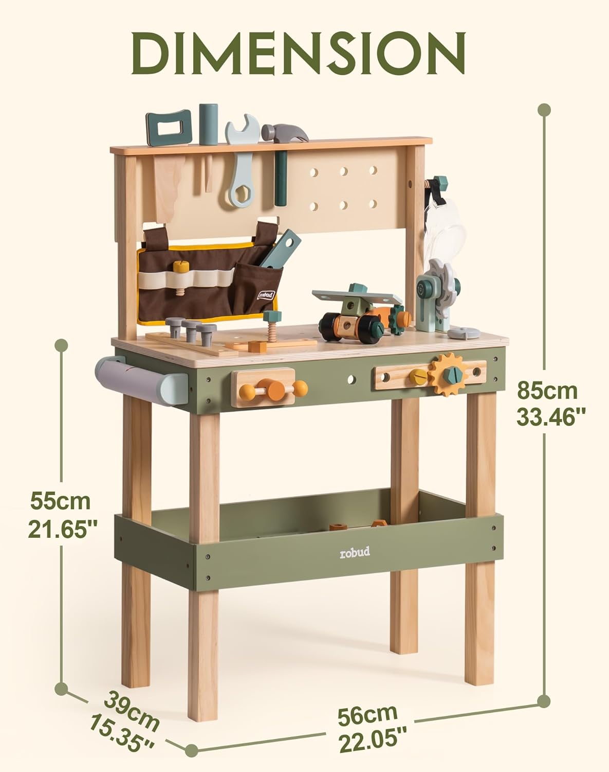Robud green toy tool bench side angle showing sturdy legs, lower tray and pegboard accessory hooks