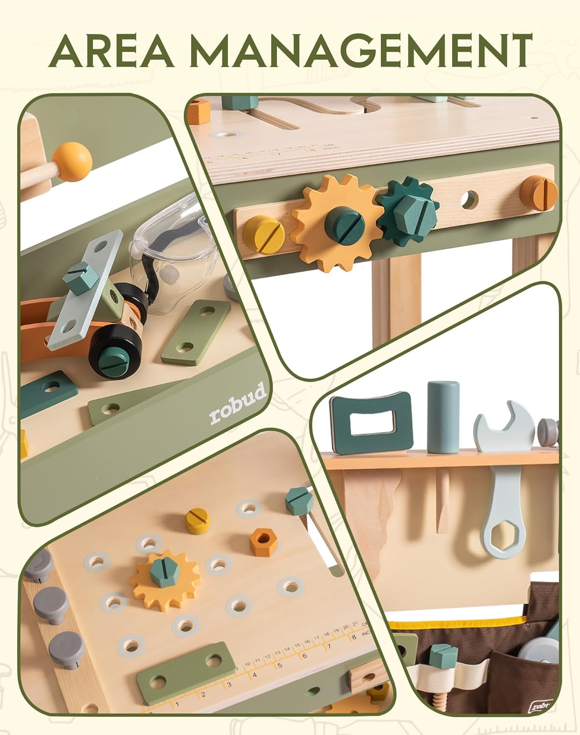Robud avocado green workbench with child playing, demonstrating tool use and bench height