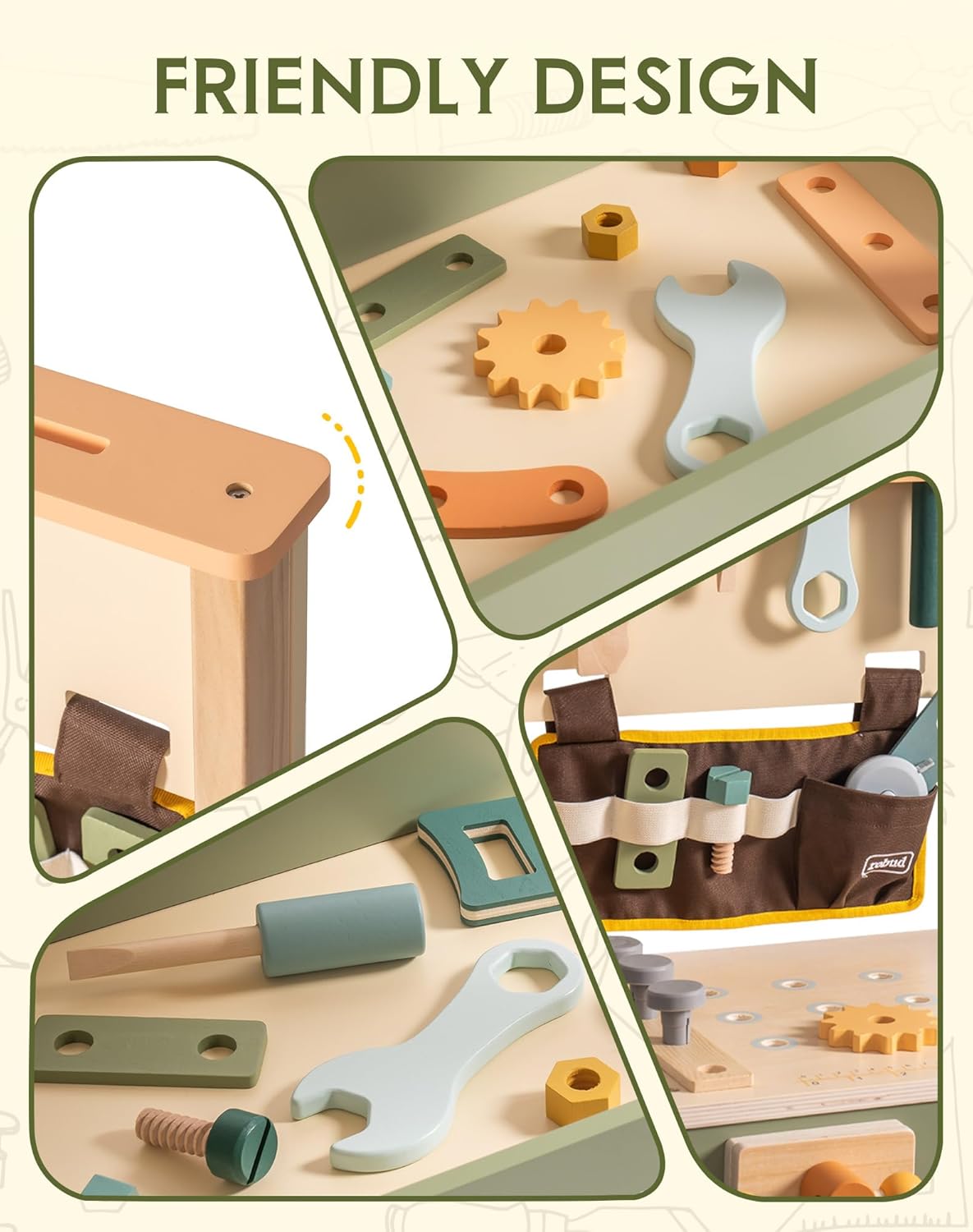 Robud avocado green toy workbench product dimensions diagram showing width, depth and height