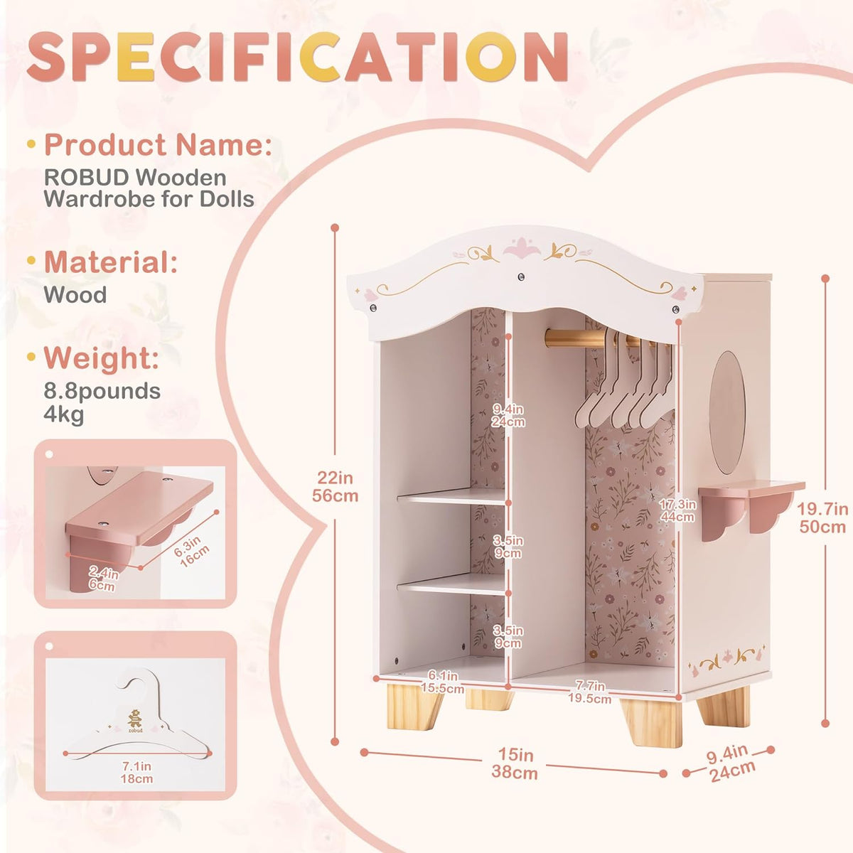 Robud Vikki wardrobe specification panel listing product name, wood material and weight details