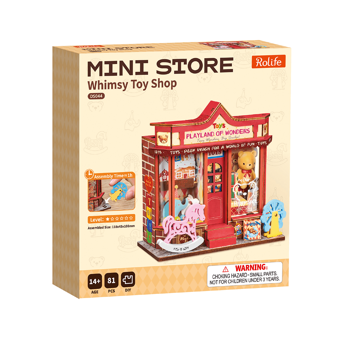 Rolife Whimsy Toy Shop Miniature House DS044 DIY miniature house kit, side view highlighting structure and scale