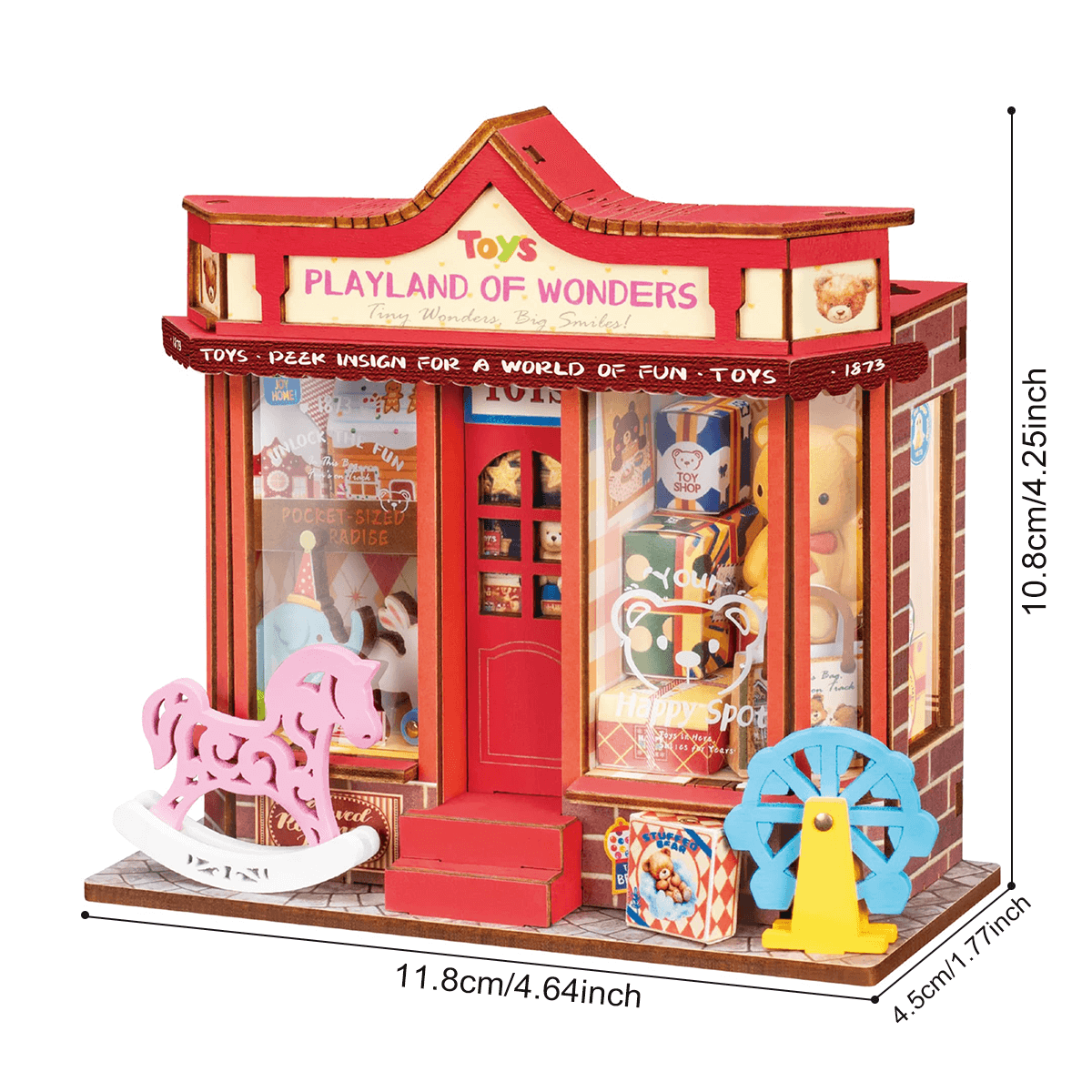 Rolife Whimsy Toy Shop Miniature House DS044 DIY miniature house kit, styled lifestyle scene with model assembled