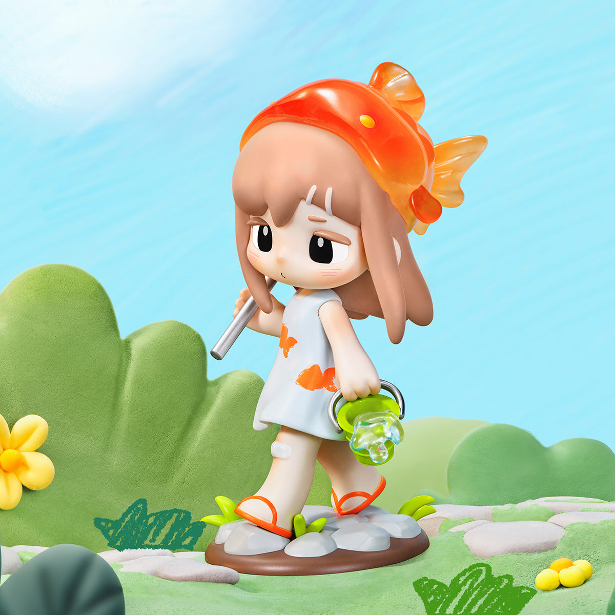 Rolife Yozco Mood Diary figure wearing orange fish hat and butterfly print dress carrying net and green jar stepping on stones in garden