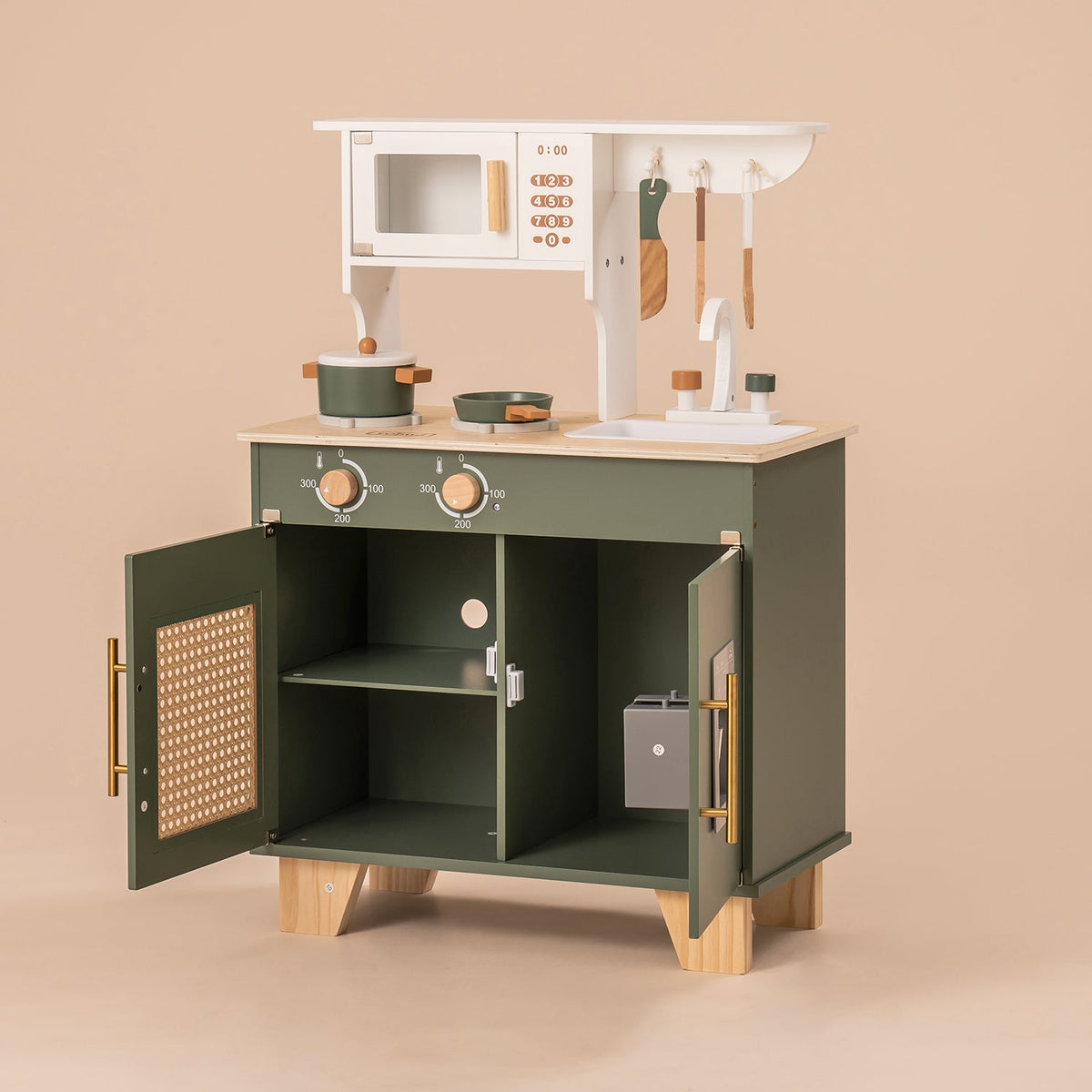 ROBUD vintage green wooden play kitchen WCF04 open cabinet view showing interior storage and rattan door panels