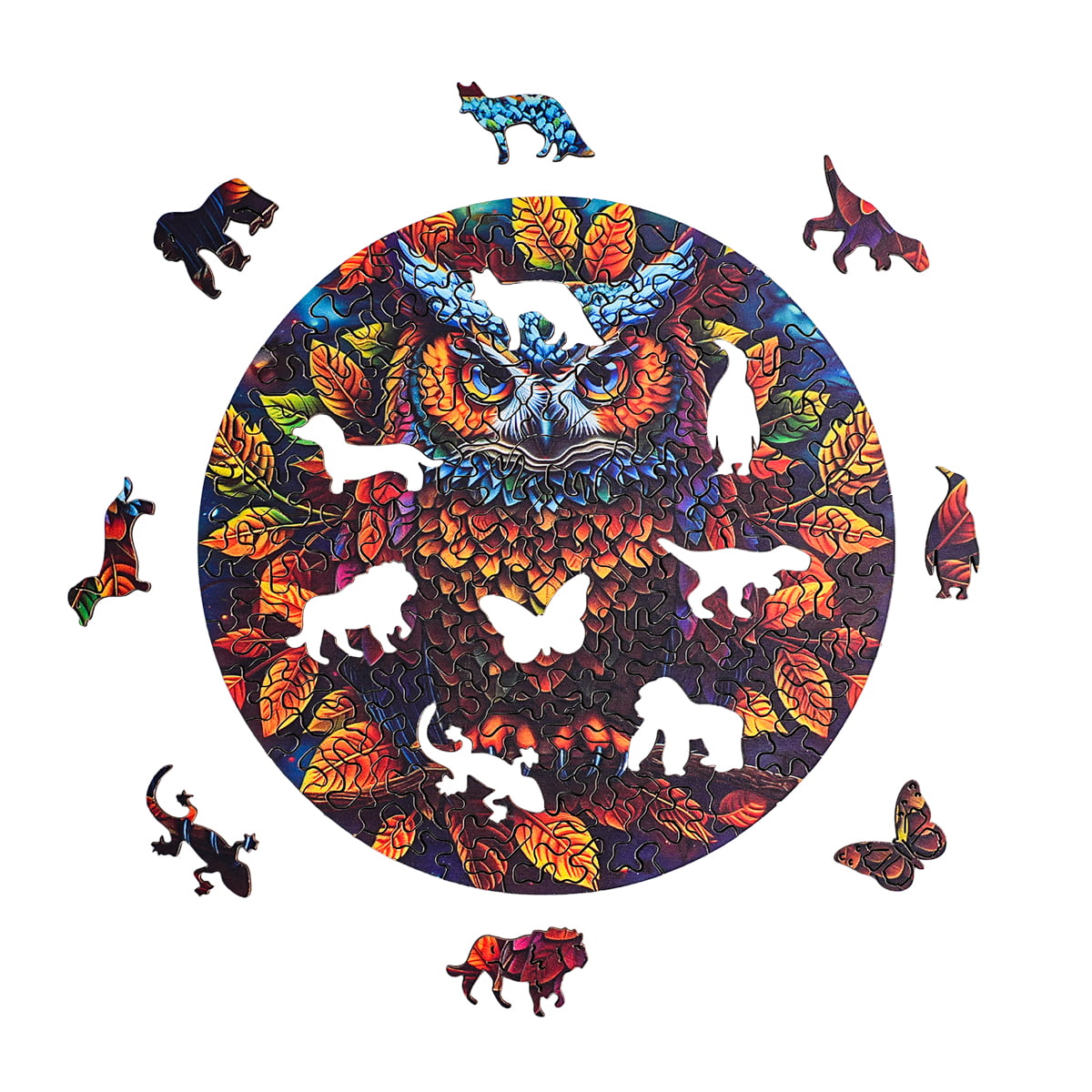 Robotime Moonlight Owl round wooden jigsaw puzzle with colorful owl centerpiece and animal-shaped border pieces