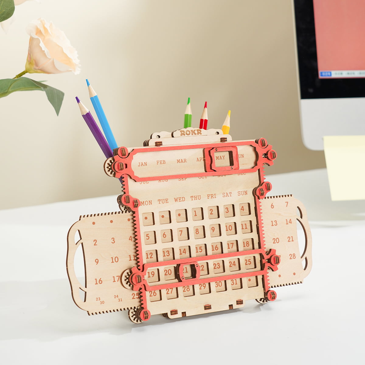 ROKR, Penholder Calendar, LC501, 3D wooden calendar puzzle, side angle
