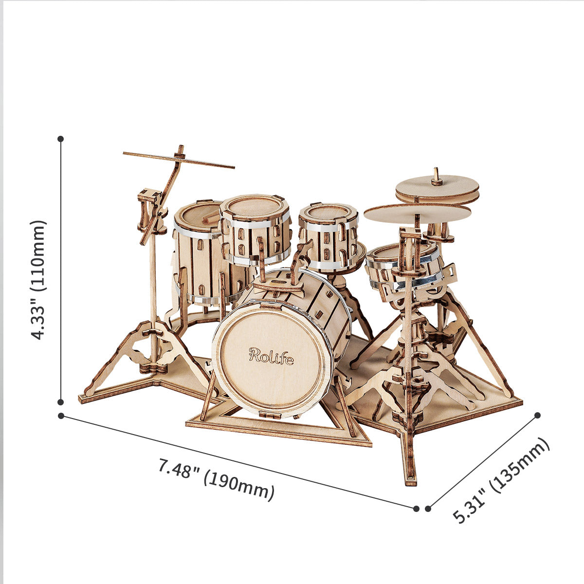 Rolife Drum Kit TG409 dimension diagram labeled 7.48 by 5.13 by 4.33 inches on white background