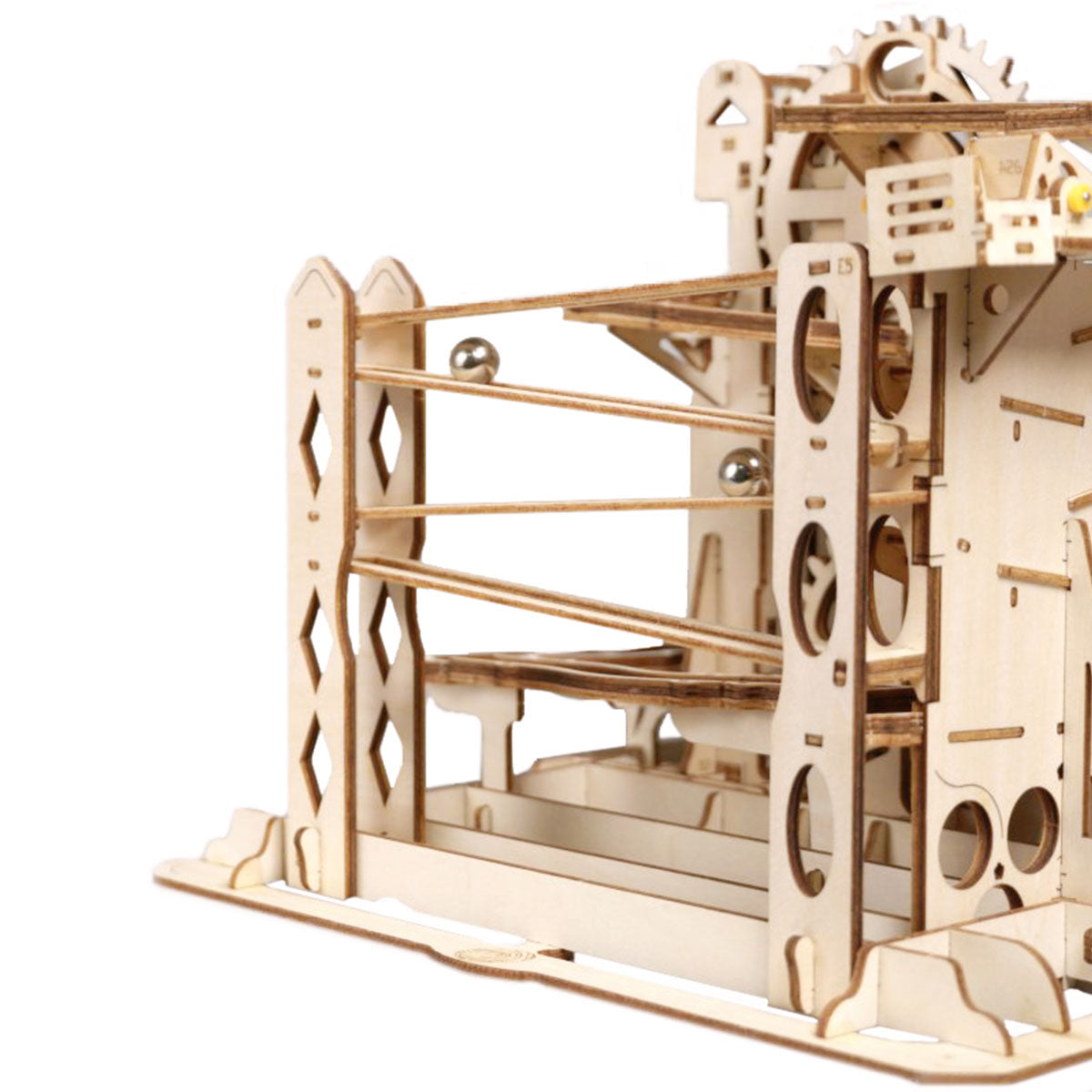 ROKR Marble Explorer wooden 3D puzzle side view showing rail framework and lift wheel mechanism