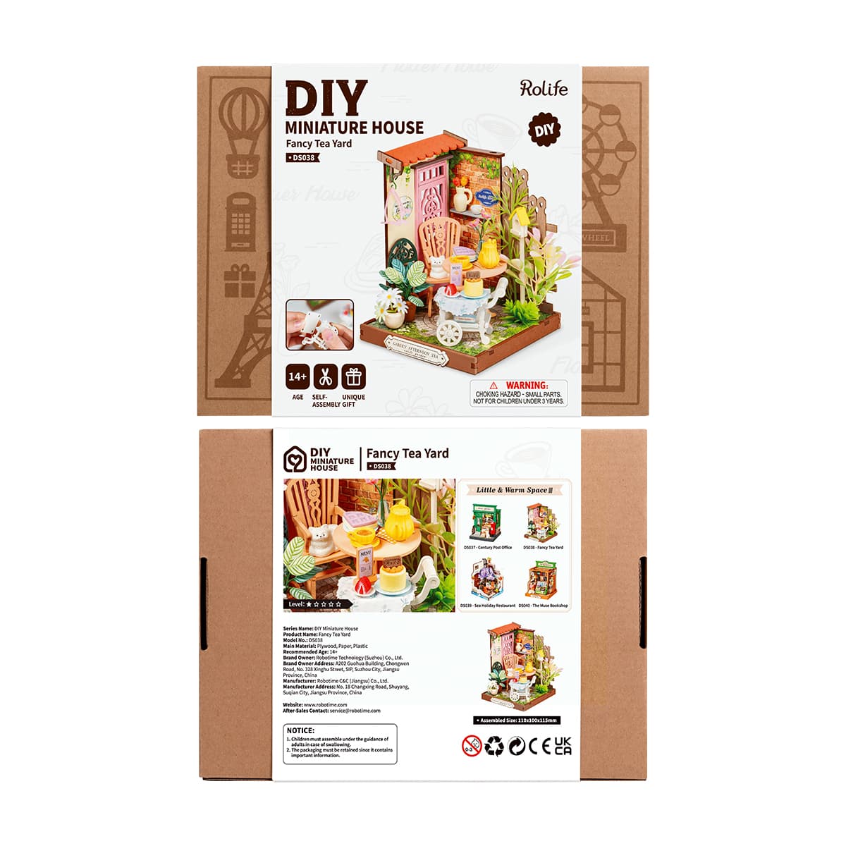 Rolife Fancy Tea Yard DIY Miniature House retail packaging box showing front and back panels with product details