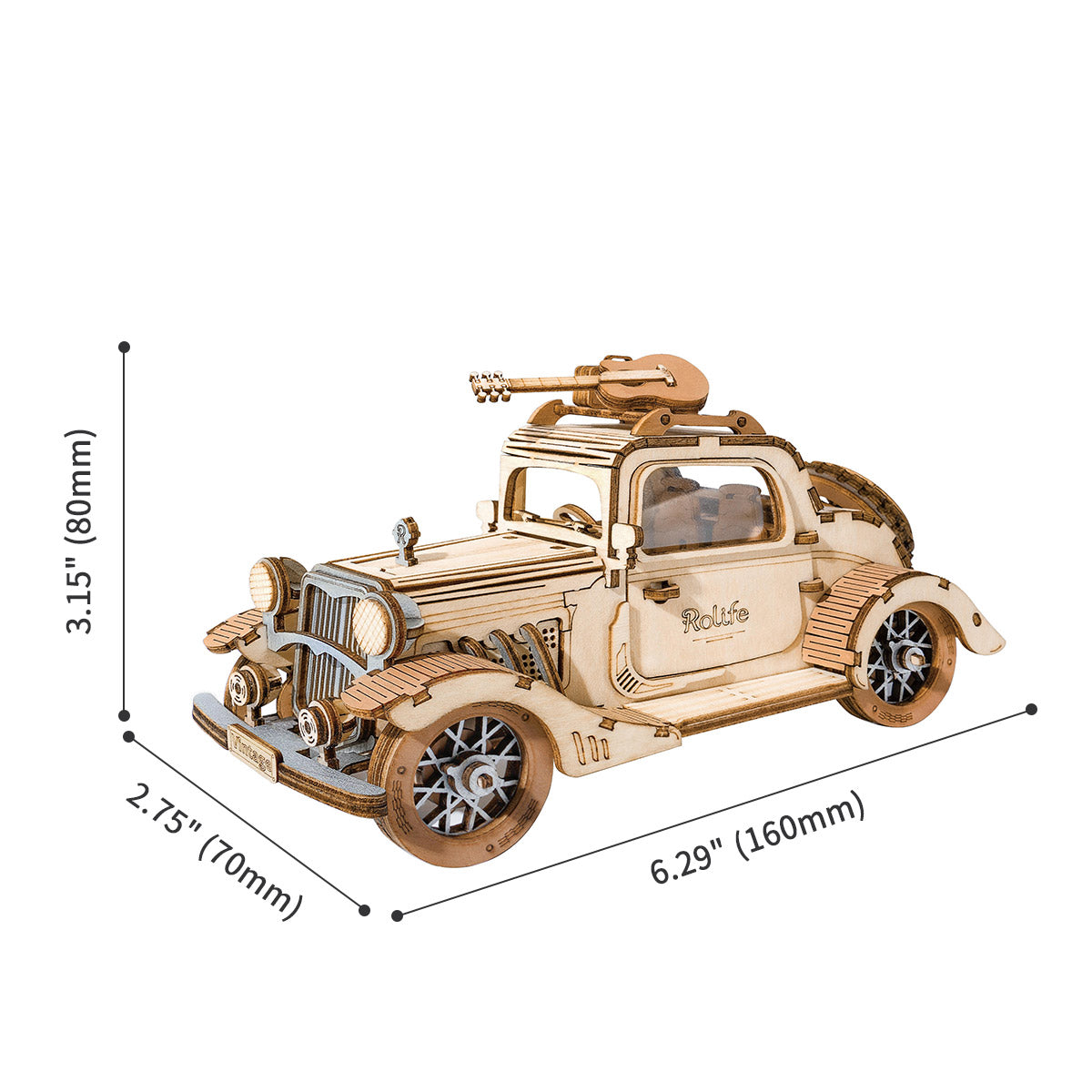 Rolife TG504 Vintage Car 3D wooden puzzle front view showing headlights, grille, and fender details in assembled natural wood