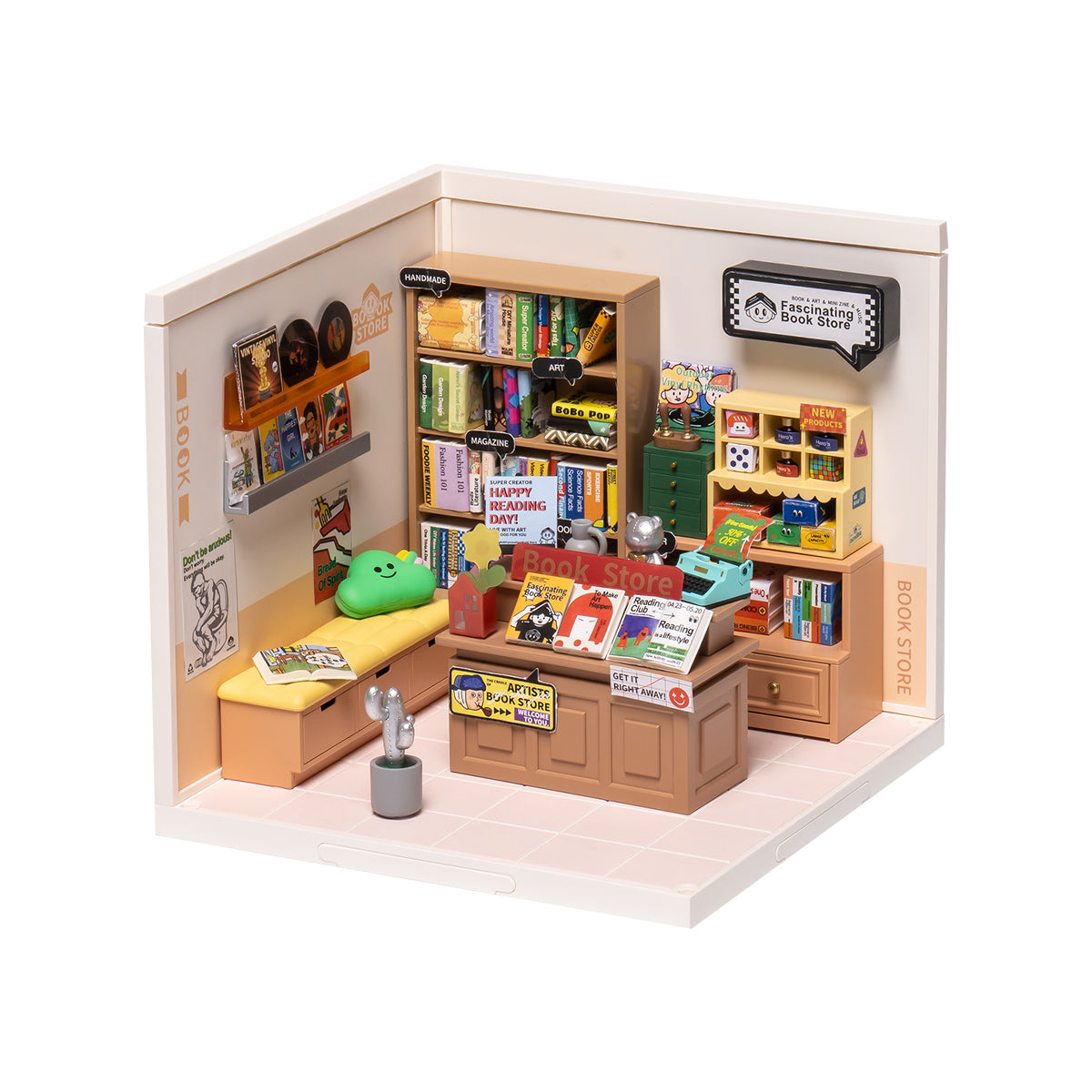 Rolife Super Creator DIY miniature house series showing completed room with soft lighting, cozy furnishings, and craft accessories