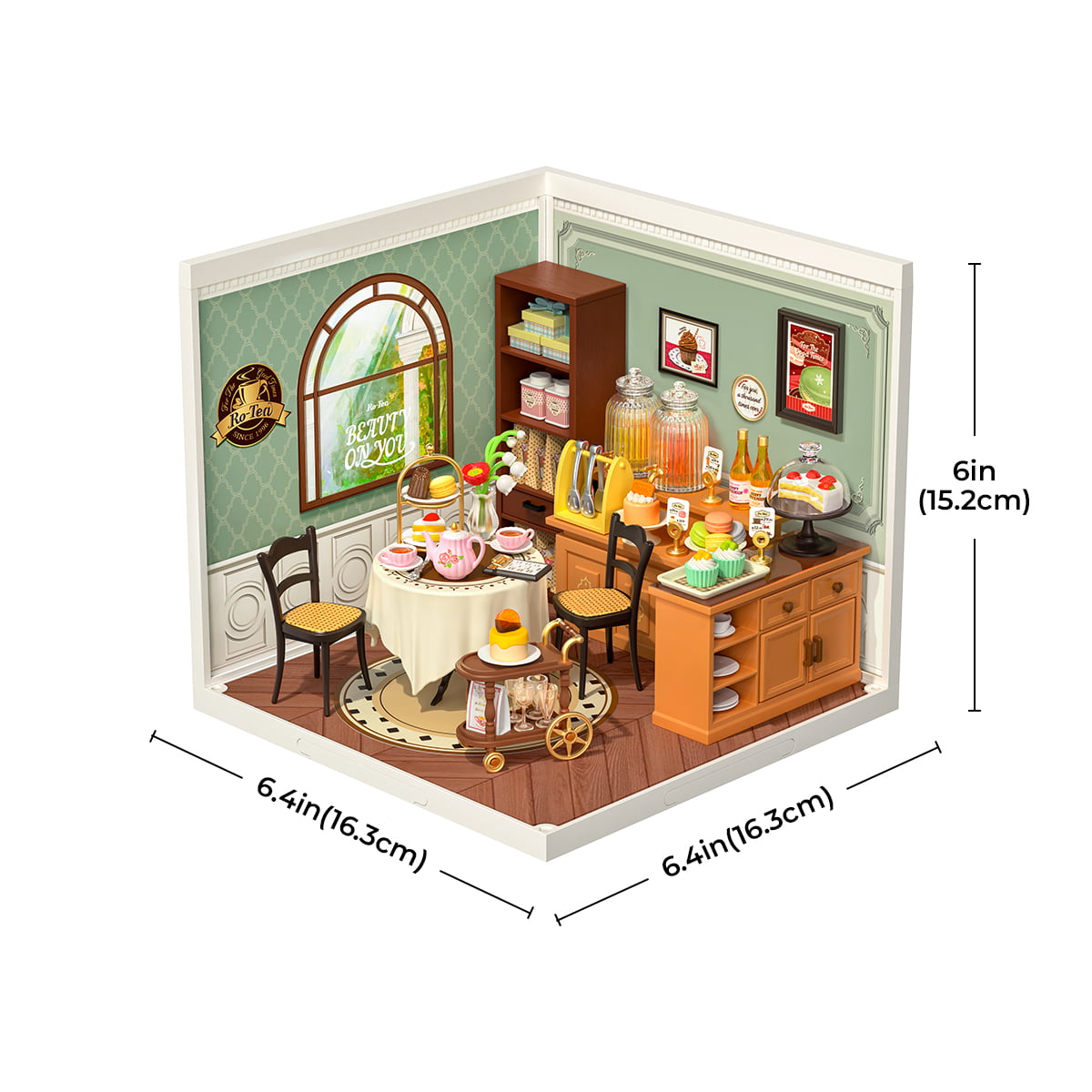 Rolife Sweet Sips Tea DW011 DIY book nook miniature kit, exploded view of components and parts