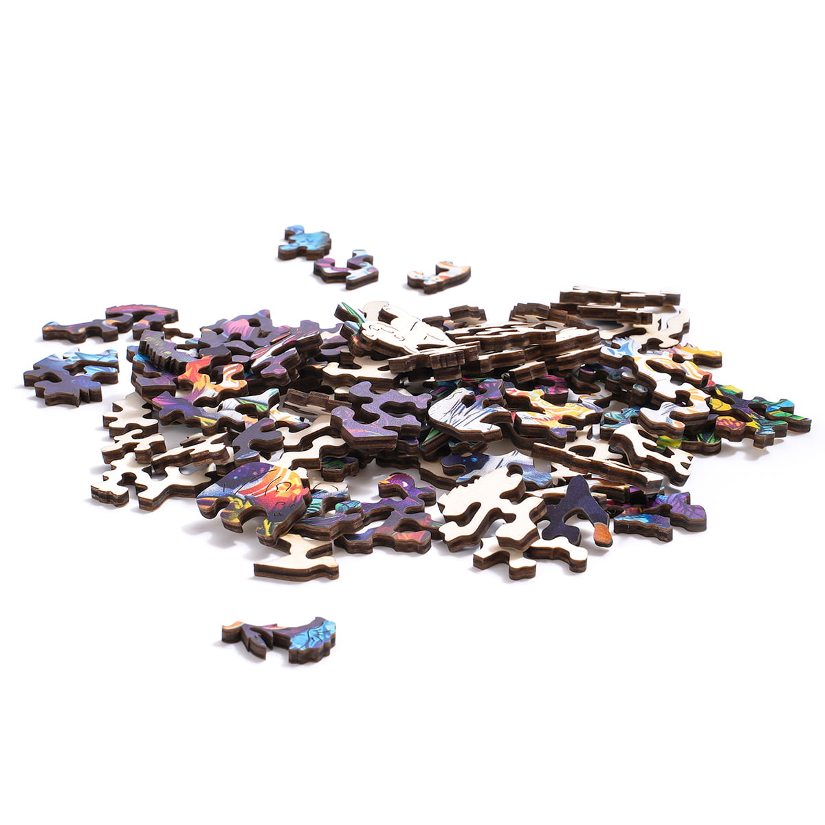 All pieces of the Robotime Floral Panda wooden puzzle scattered loosely on a white surface, showing the dark-backed irregular animal-silhouette shapes before assembly