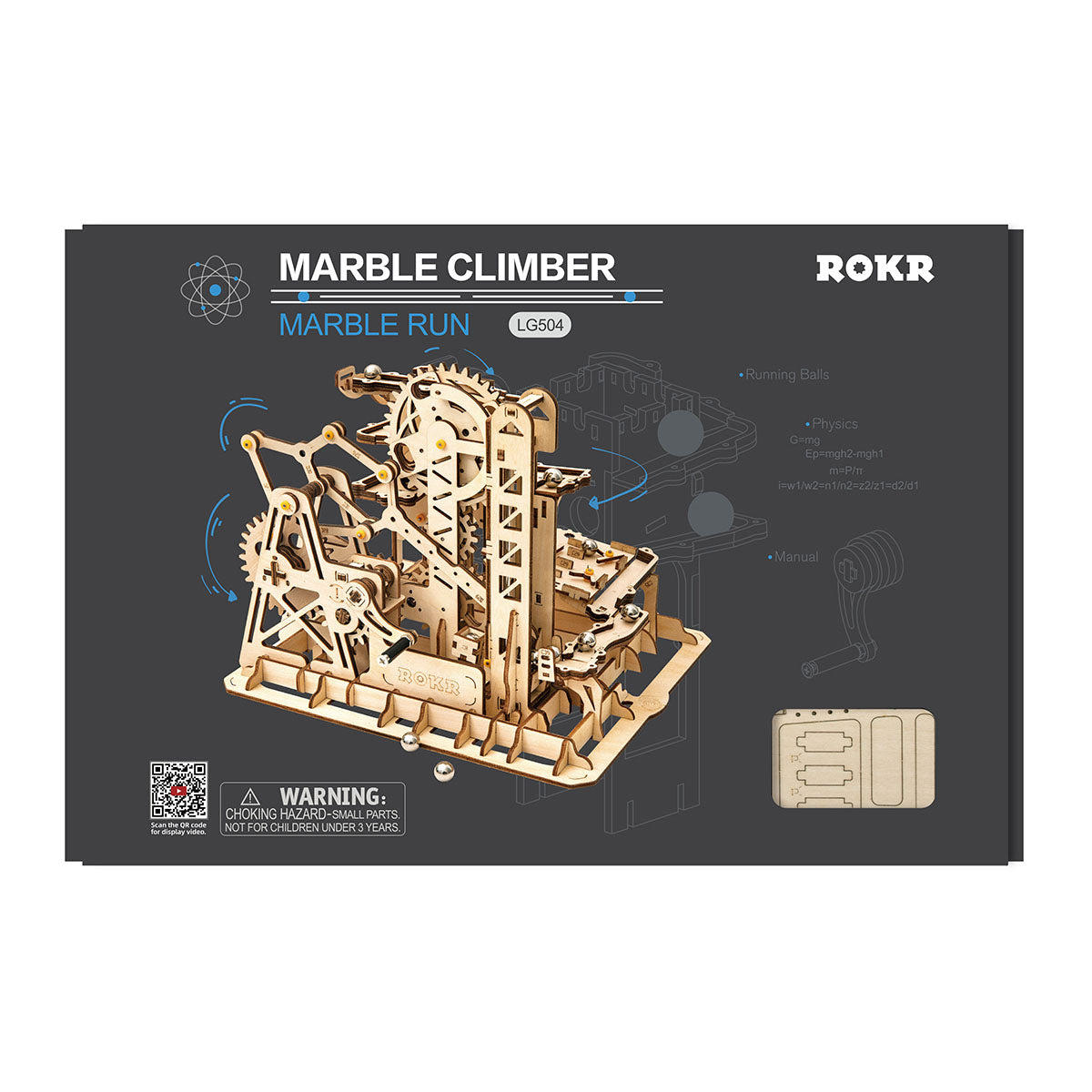 Verkaufsverpackung der ROKR Marble Climber Fortress mit Illustration im Blaupausen-Stil und Produktnamen auf dunkelblauem Hintergrund