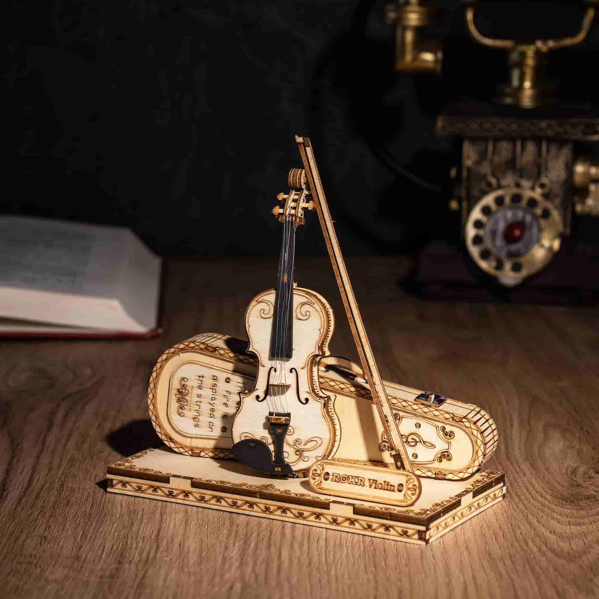 ROKR Violin Capriccio TG604K 3D wooden musical instrument model, back view highlighting structural detail