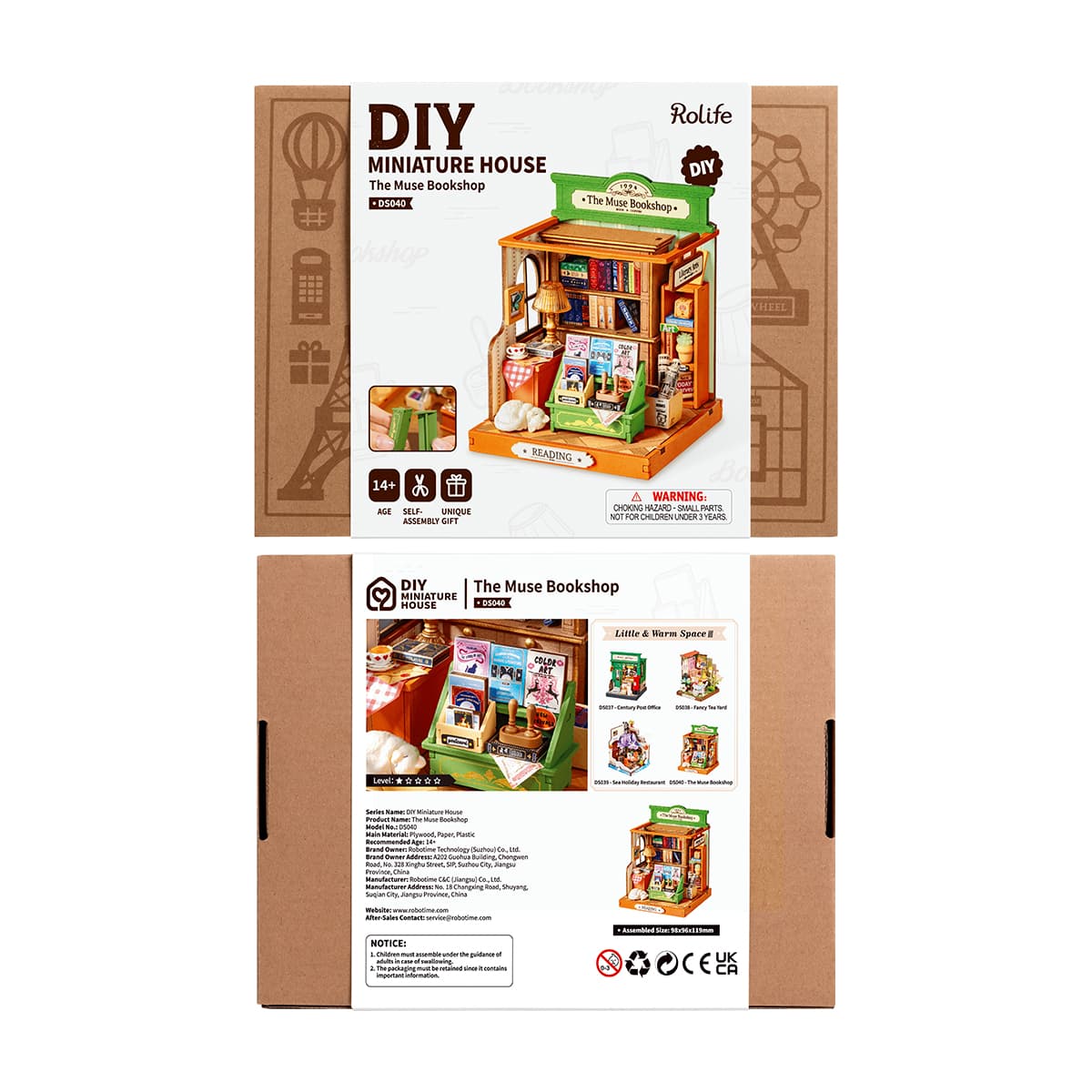 Rolife Muse Bookshop DS040 DIY Miniature House retail box with illustrated cover and build steps on kraft cardboard