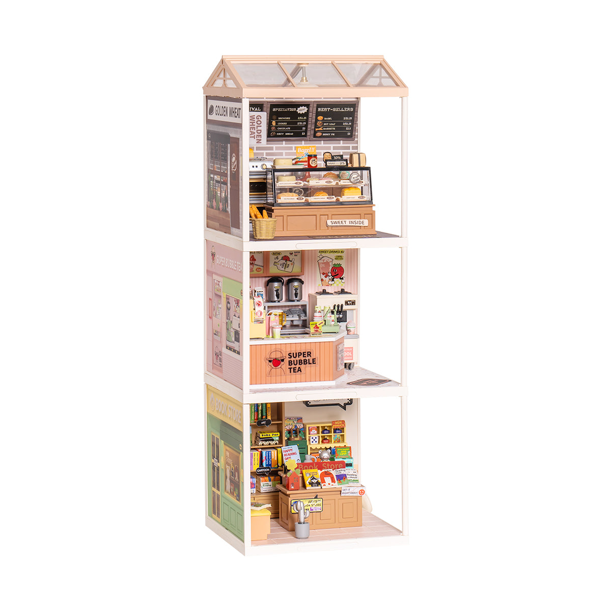 Rolife Super Creator 3 in 1 I Shape DIY miniature dollhouse kit, front view on a neutral background