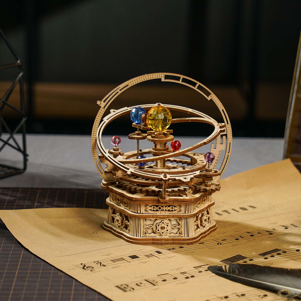 ROKR Starry Night Orrery Mechanical Music Box AMK51 mechanical music box wooden kit, packaged kit with instruction manual