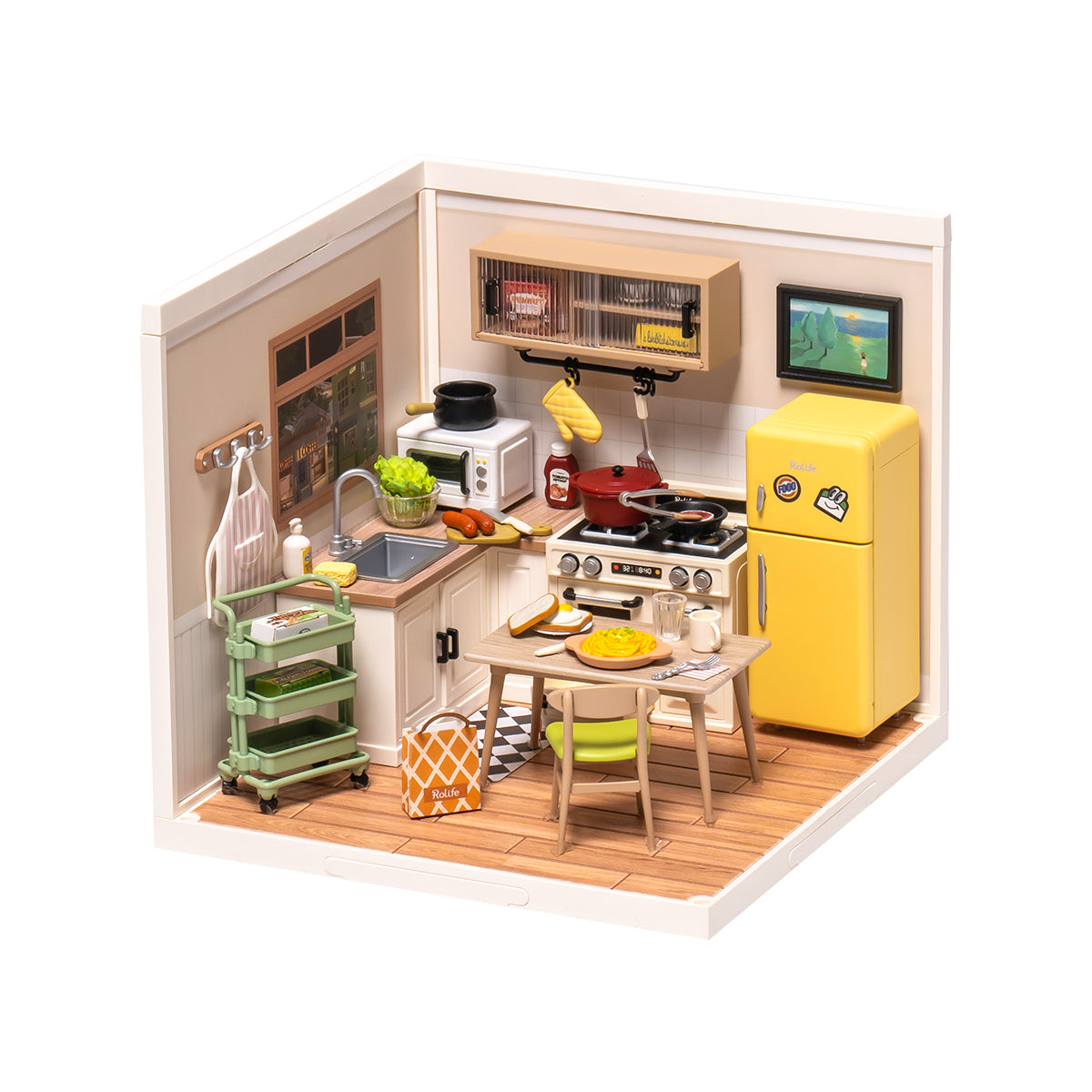Rolife Super Creator DIY miniature house kit exploded parts view showing laser-cut wooden sheets, small accessories, and instructions