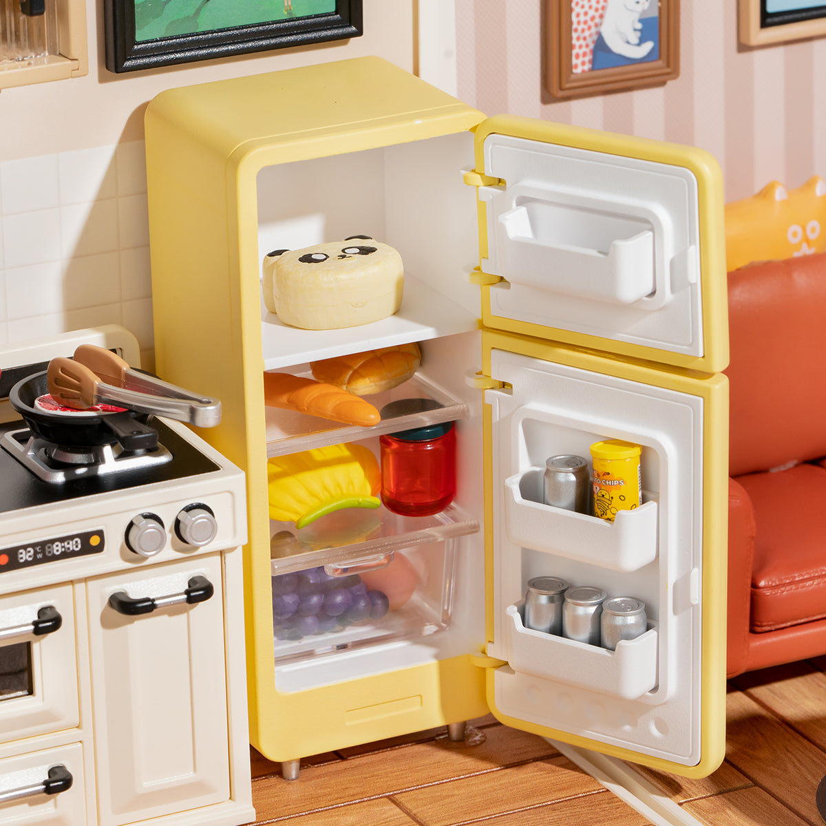 Rolife Happy Meals Kitchen DW008 miniature scene with a detailed cooking setup featuring a stovetop, hanging utensils