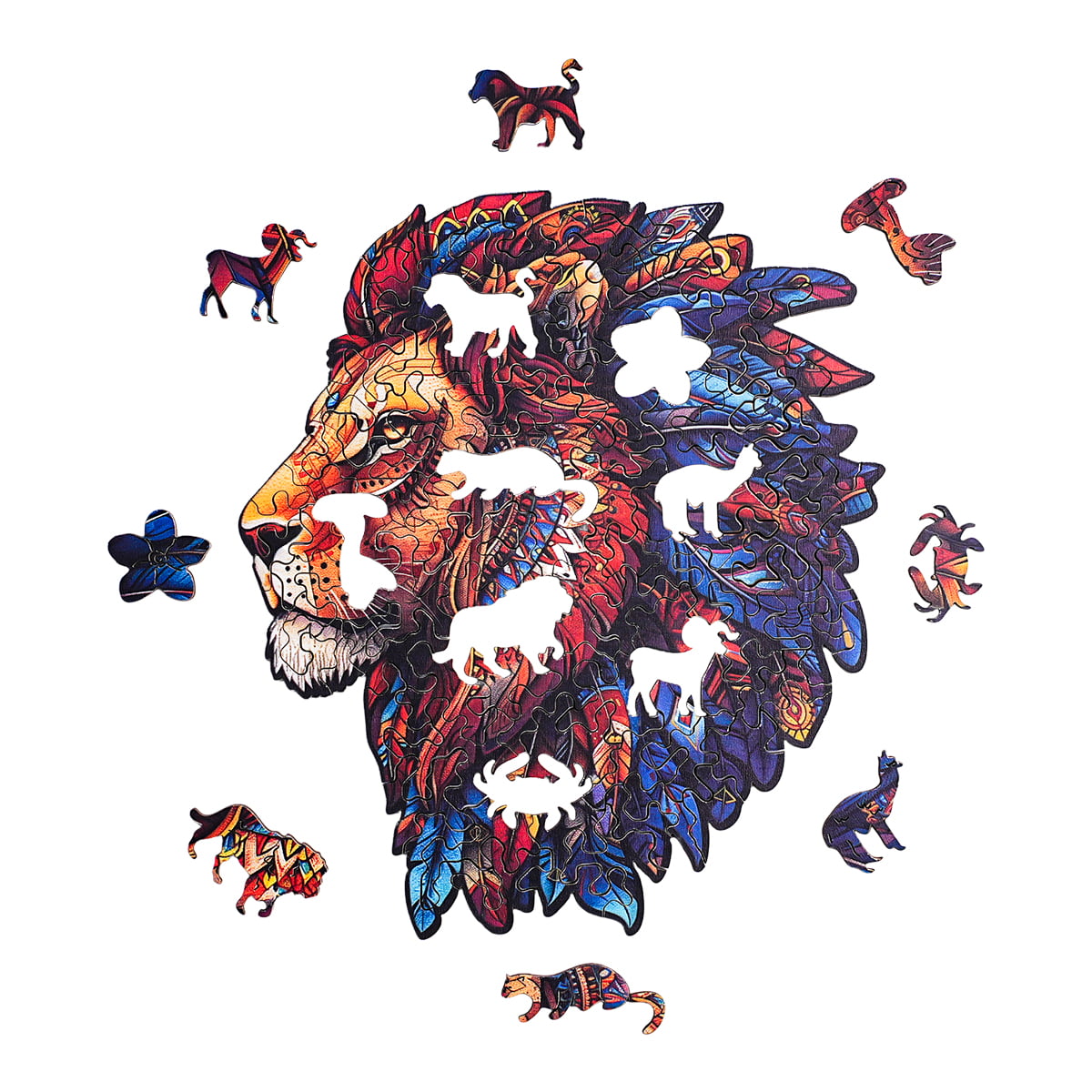 Colorful wooden lion head jigsaw puzzle with animal-shaped pieces in blue, orange and red tones scattered around