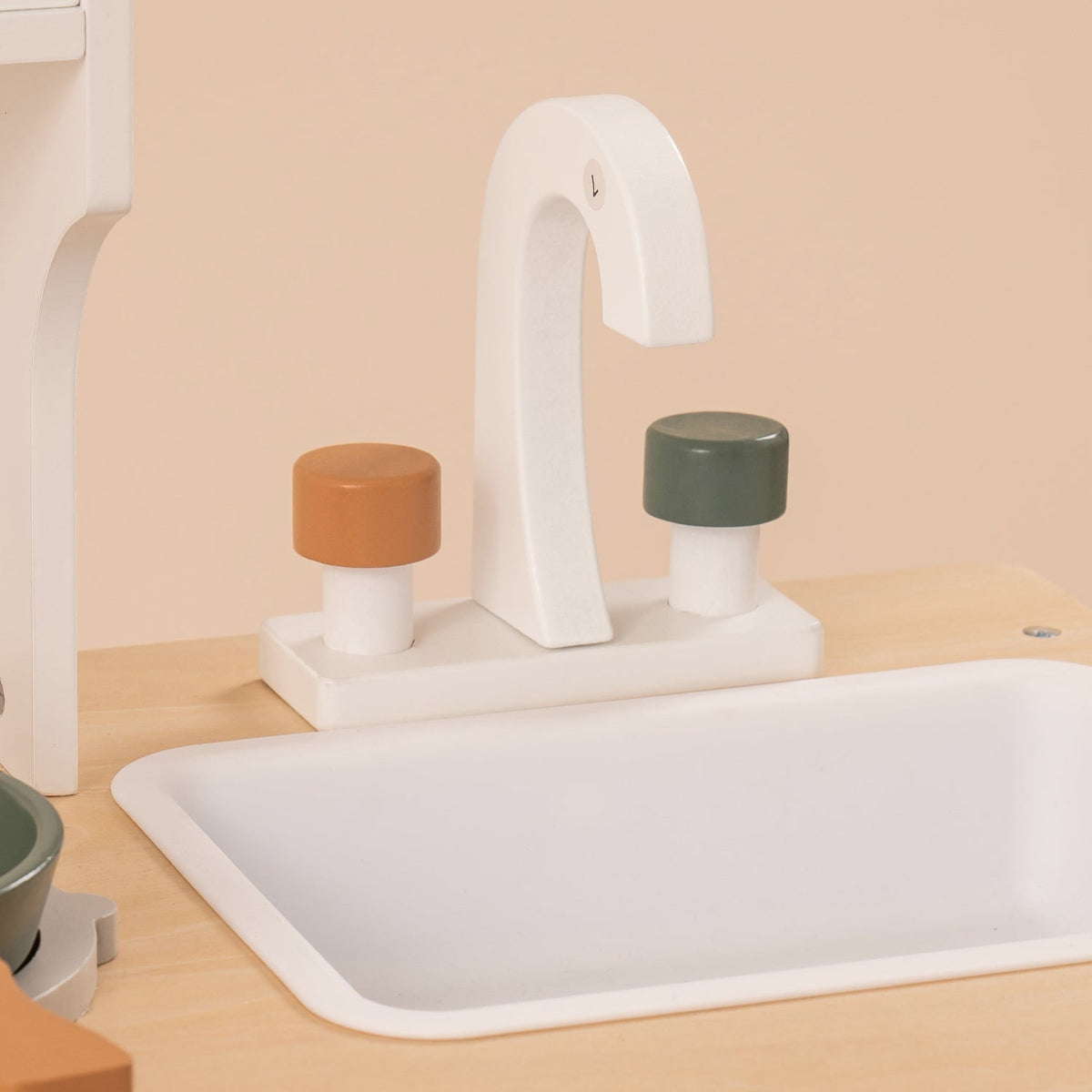 ROBUD vintage green wooden play kitchen WCF04 sink detail showing white basin with faucet and two soap dispensers