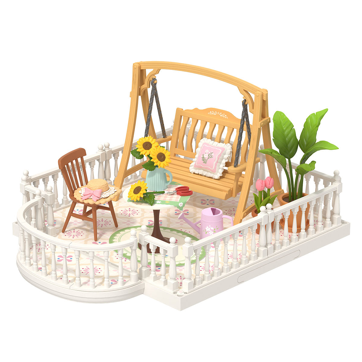 Rolife Super Creator Sunny Break Terrace DWP08 assembled product display on white background showing a garden terrace with a yellow swing, sunflowers, tulips, watering can, and white balustrade railing.