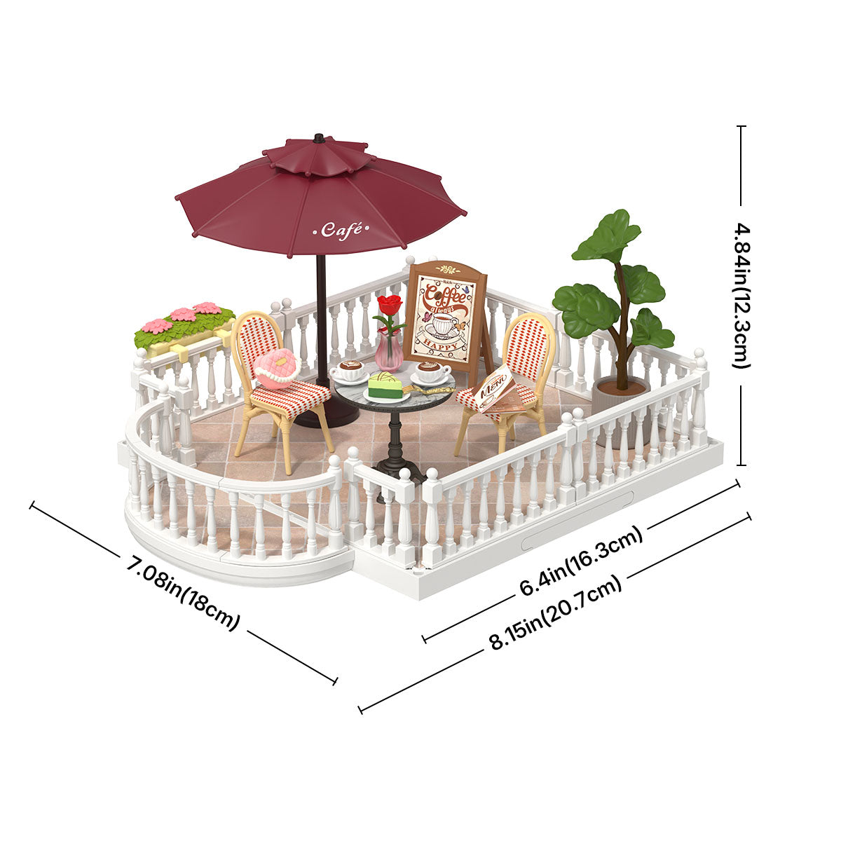 Rolife Super Creator Chic Cafe Terrace extension kit with dimensions shown on white background