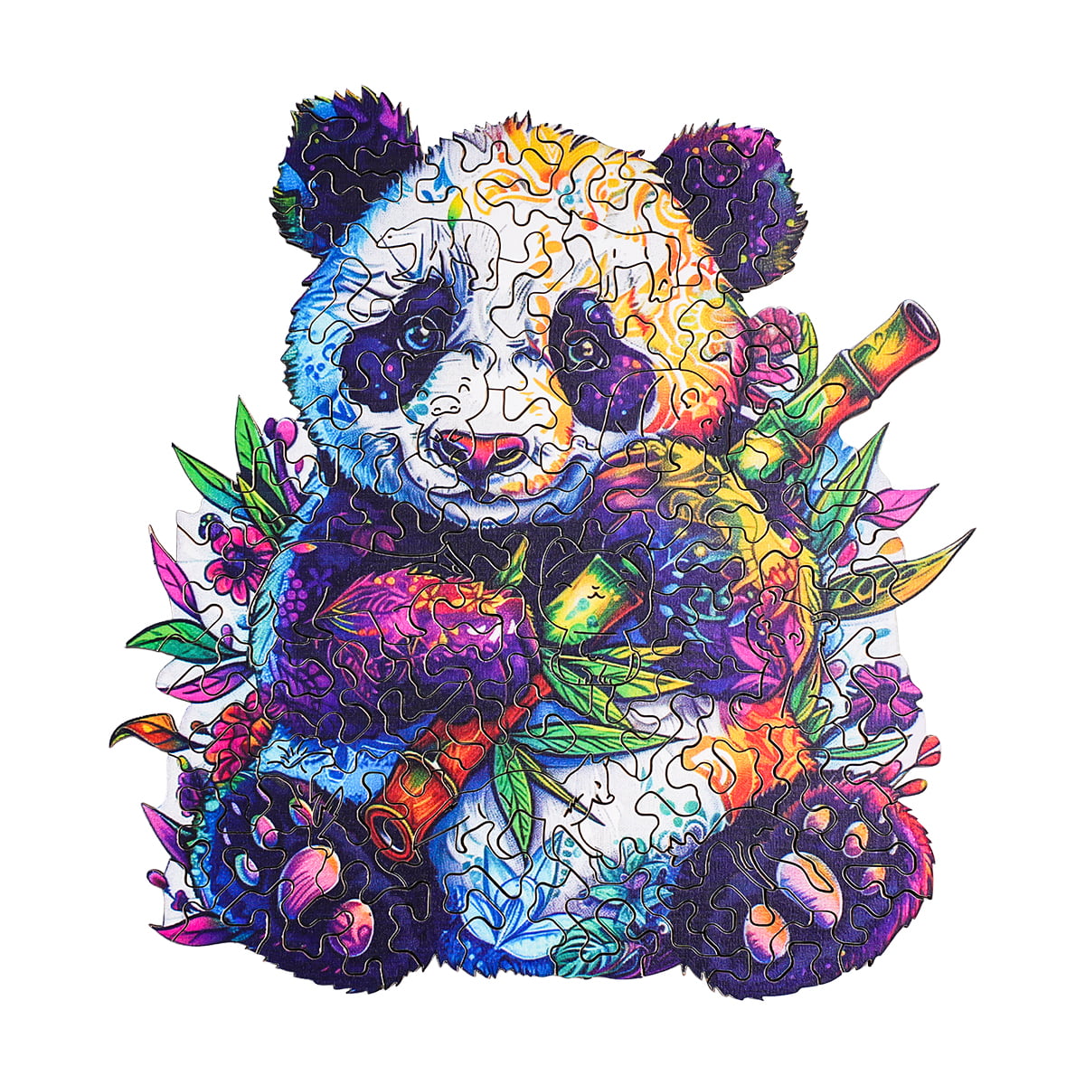 Robotime shaped jigsaw puzzle of a vivid multicolor panda hugging bamboo surrounded by tropical flowers