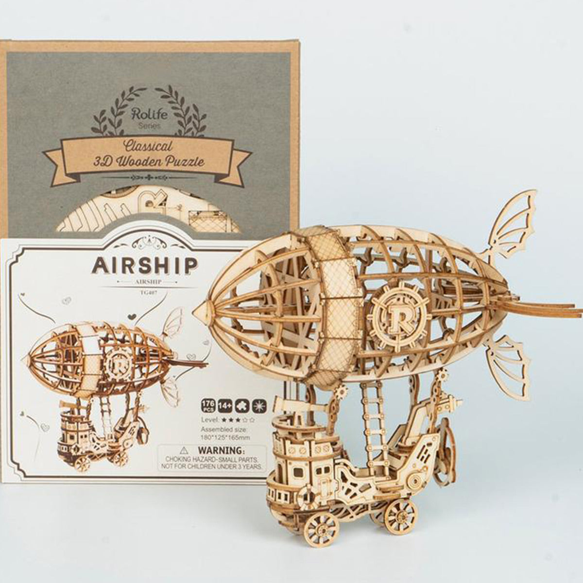 Rolife Airship TG407 3D wooden ship model kit, front view on a neutral background