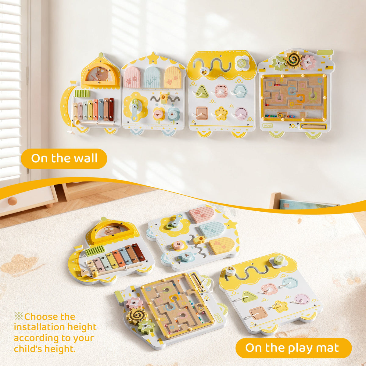 ROBUD yellow spring train busy board shown in two use modes: mounted on the wall at child height and laid flat on a play mat.