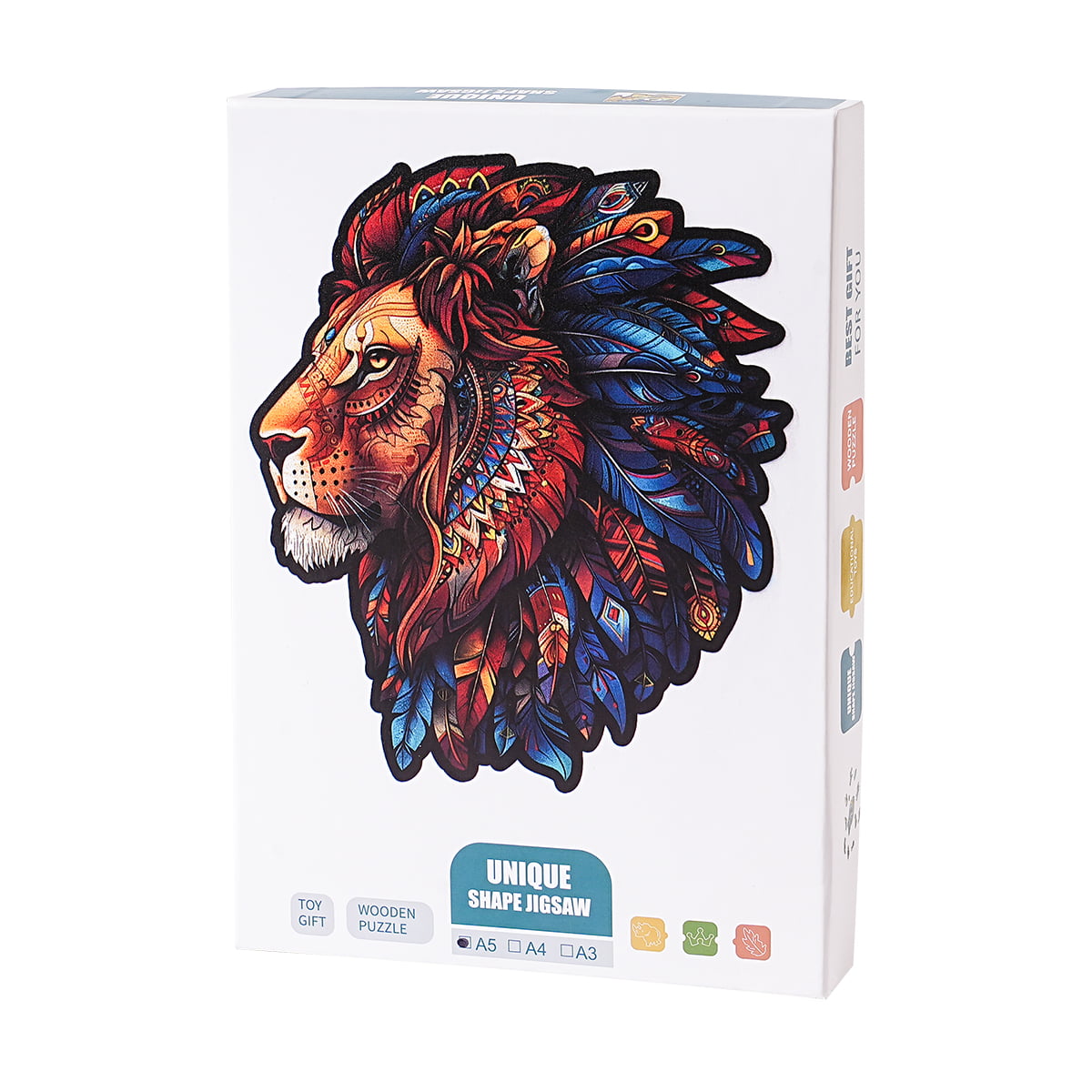 Robotime Lion King wooden jigsaw puzzle box showing a colorful feathered lion in a headdress
