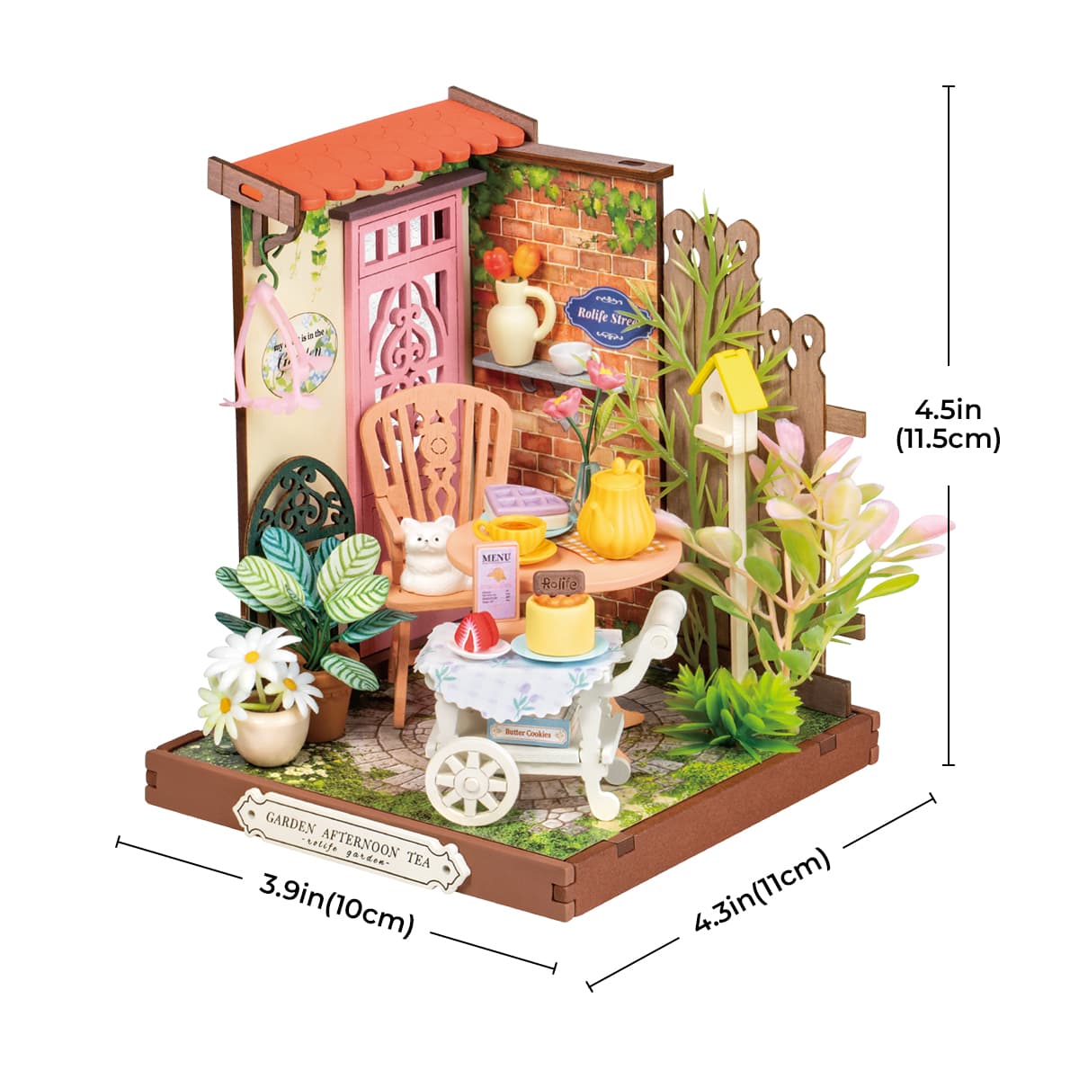 Rolife Fancy Tea Yard miniature DIY house with dimension labels showing 4.3 by 3.9 by 4.5 inches