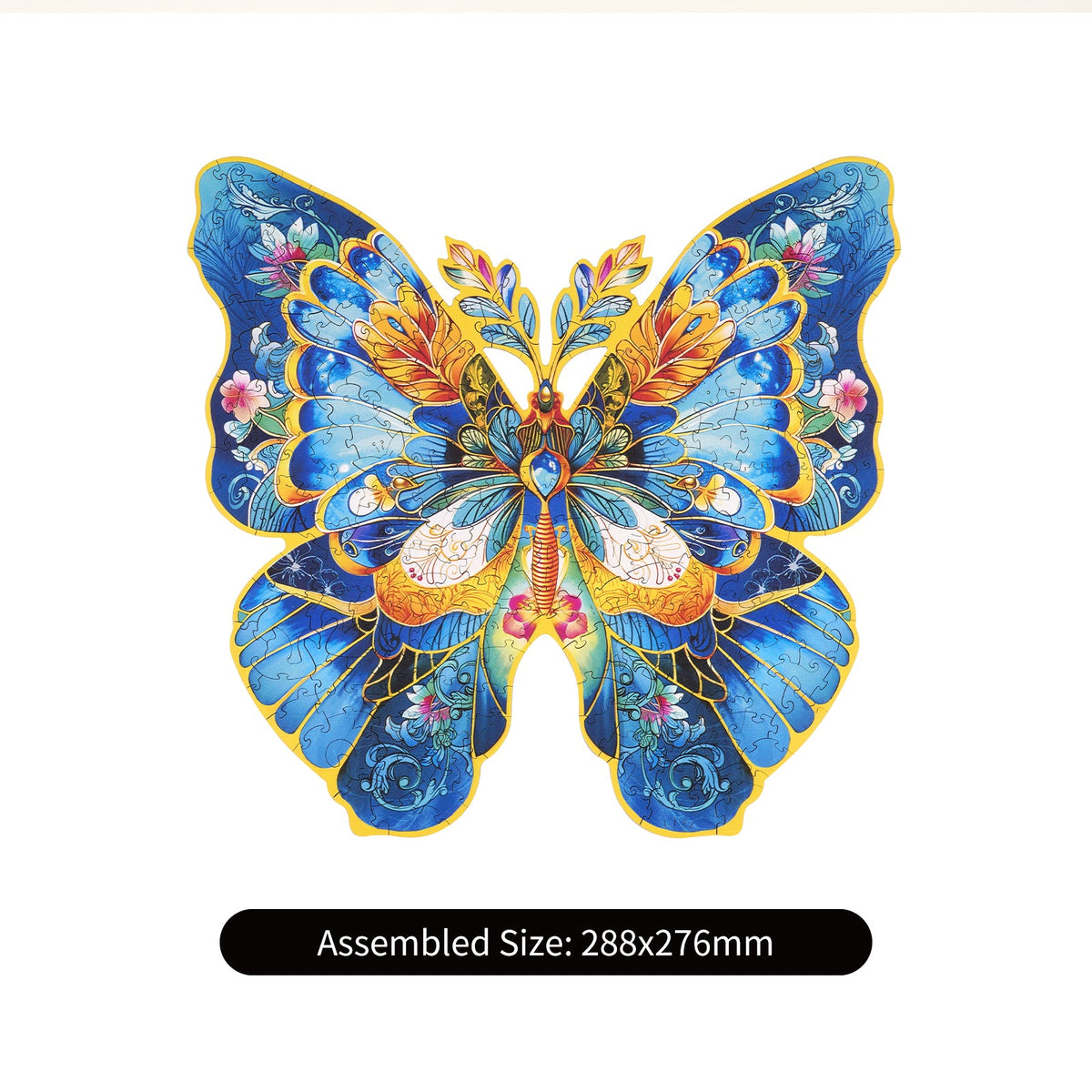Rowood Morpho Helena butterfly wooden puzzle completed on white background with assembled size 288x276mm label shown below.
