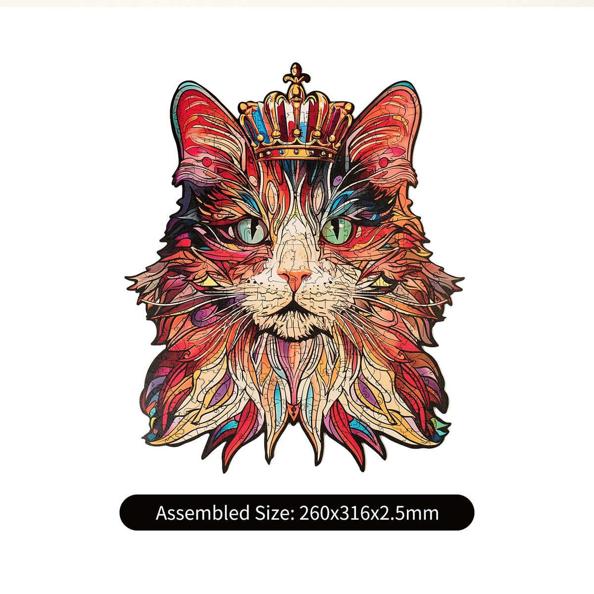 Rowood Cat King wooden puzzle completed showing crowned colorful cat face with assembled size 260x316x2.5mm noted below.