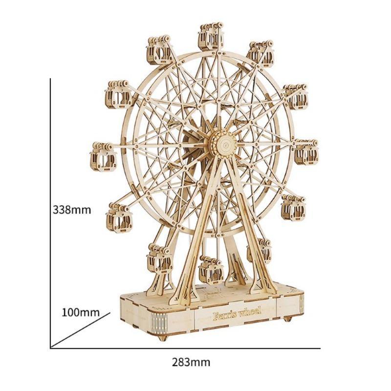 Rolife Ferris Wheel 3D wooden puzzle TGN01 dimension diagram showing 283mm wide, 338mm tall and 100mm deep labeled