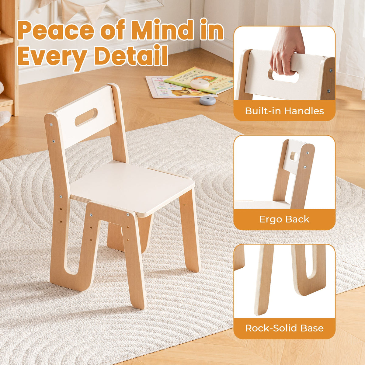ROBUD kids wooden chair shown with built-in carry handle, ergonomic backrest, and rock-solid base callout details.