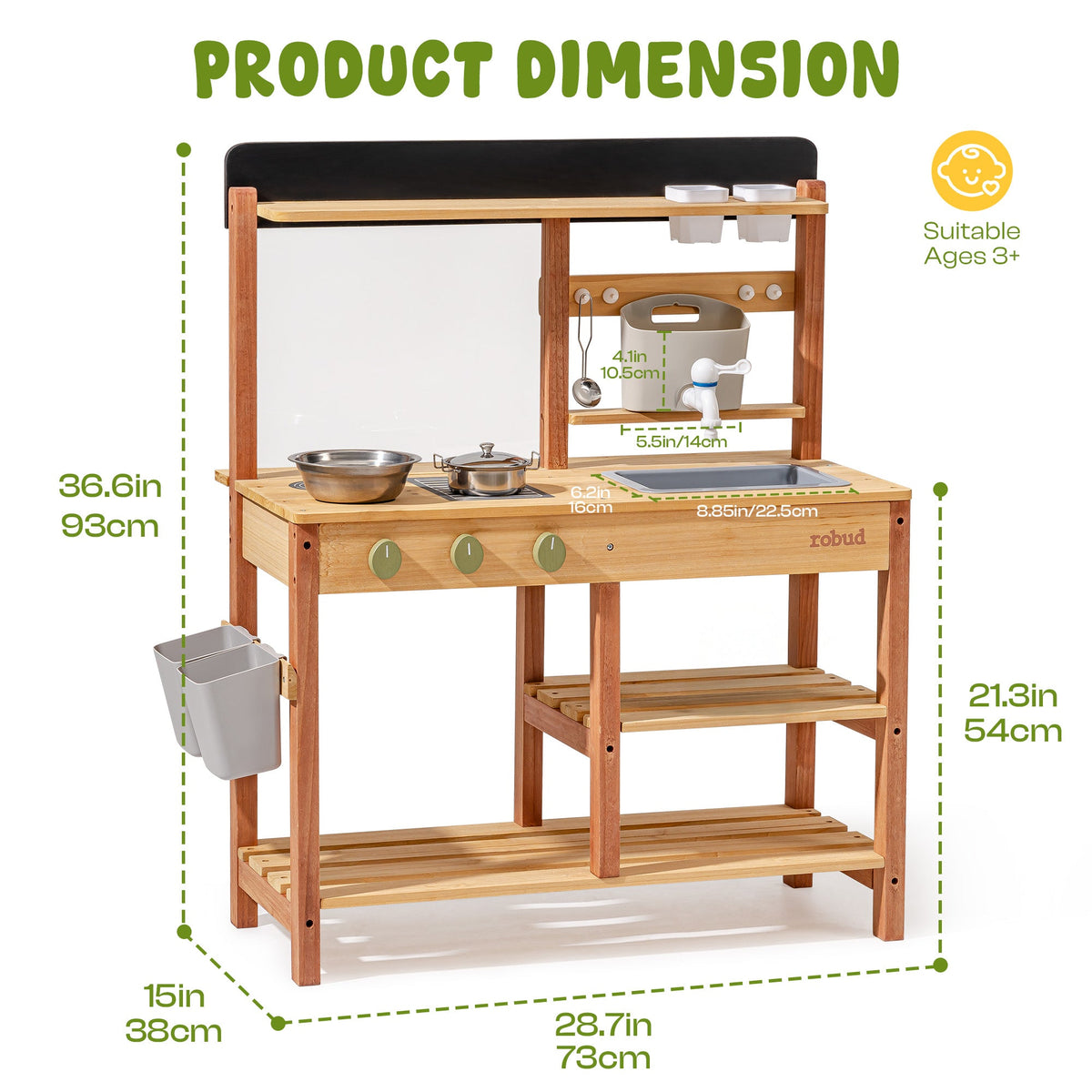 ROBUD outdoor mud kitchen dimension chart showing 28.7 by 15 by 36.6 inch wooden frame with sink, stove knobs and hanging accessories on white background