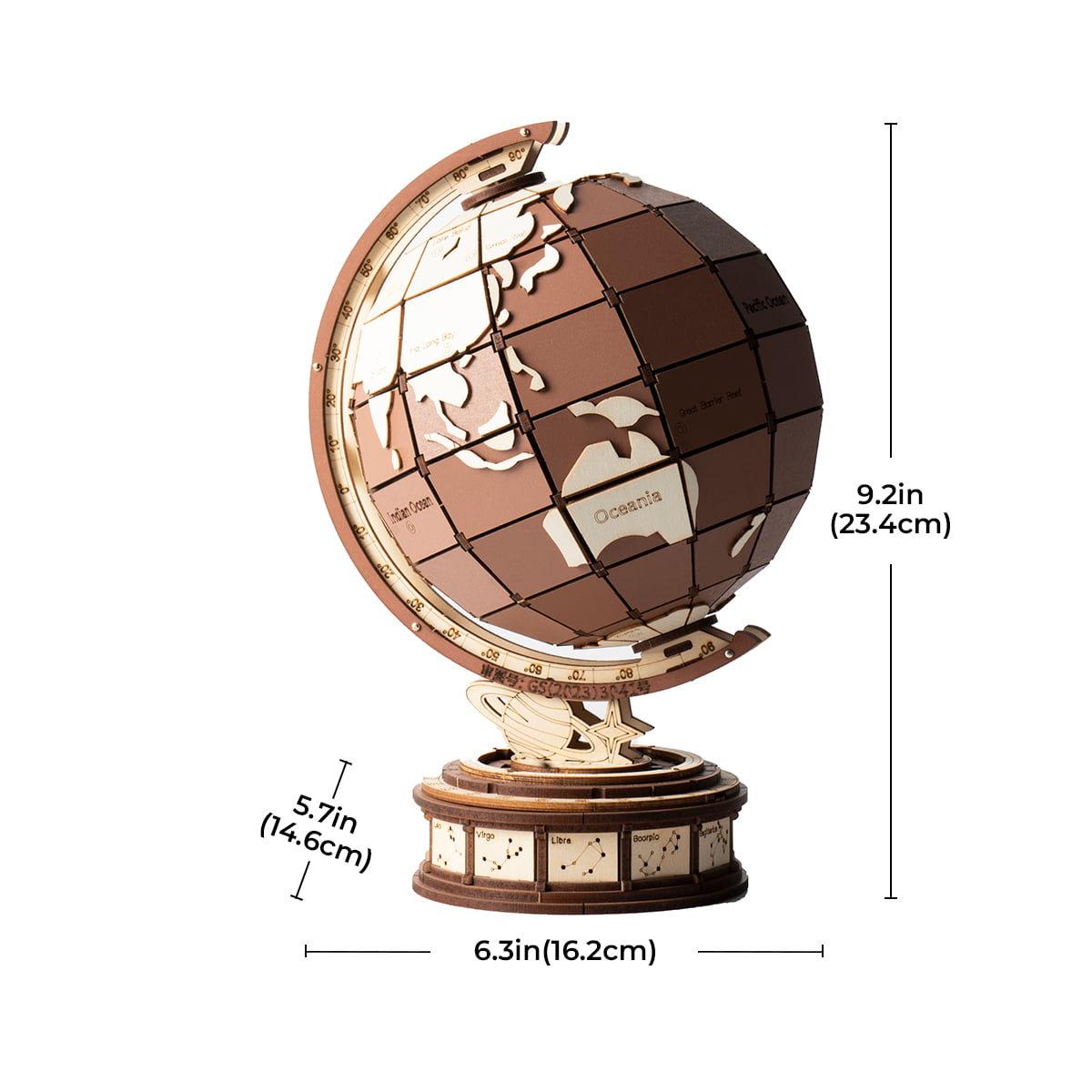 Rolife Global Wonders wooden globe dimension chart showing assembled height of 9.2 inches and base diameter of 6.3 inches
