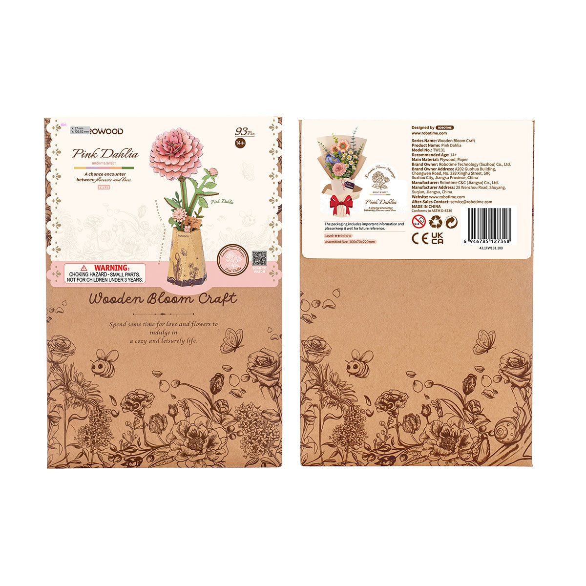 Rowood Pink Dahlia Wooden Flower 3D Puzzle TW131 3D wooden flower puzzle, top-down view of layout and arrangement