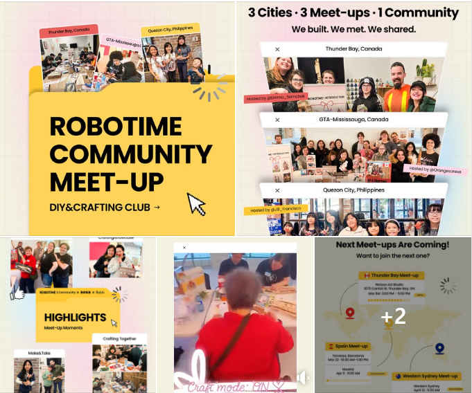 Robotime Community Meet-Up promotional graphic showing three cities three meetups one community theme with event photos and