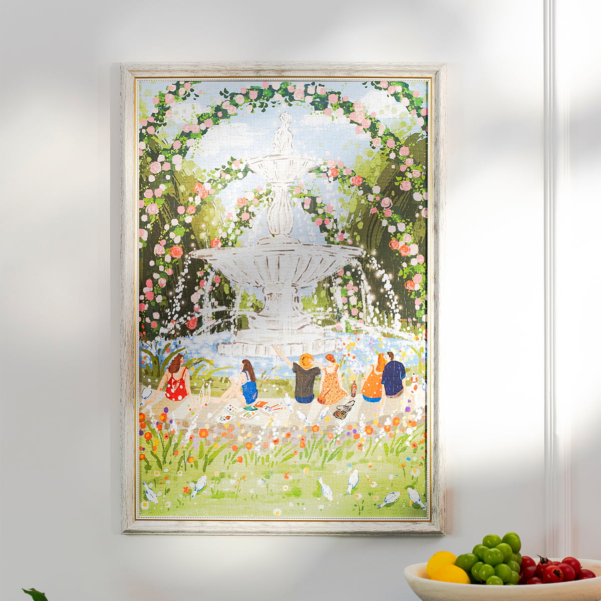 Rolife Afternoon Fountain PT001 completed puzzle framed and hung on kitchen wall showing flower arch and fountain scene