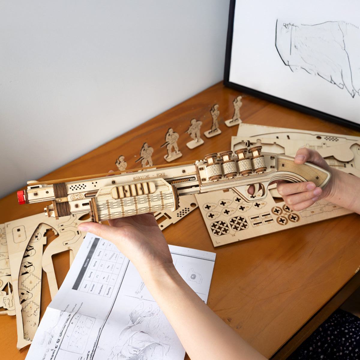 ROKR Terminator M870 Justice Guard Gun LQ501 3D wooden puzzle, side profile detail shot