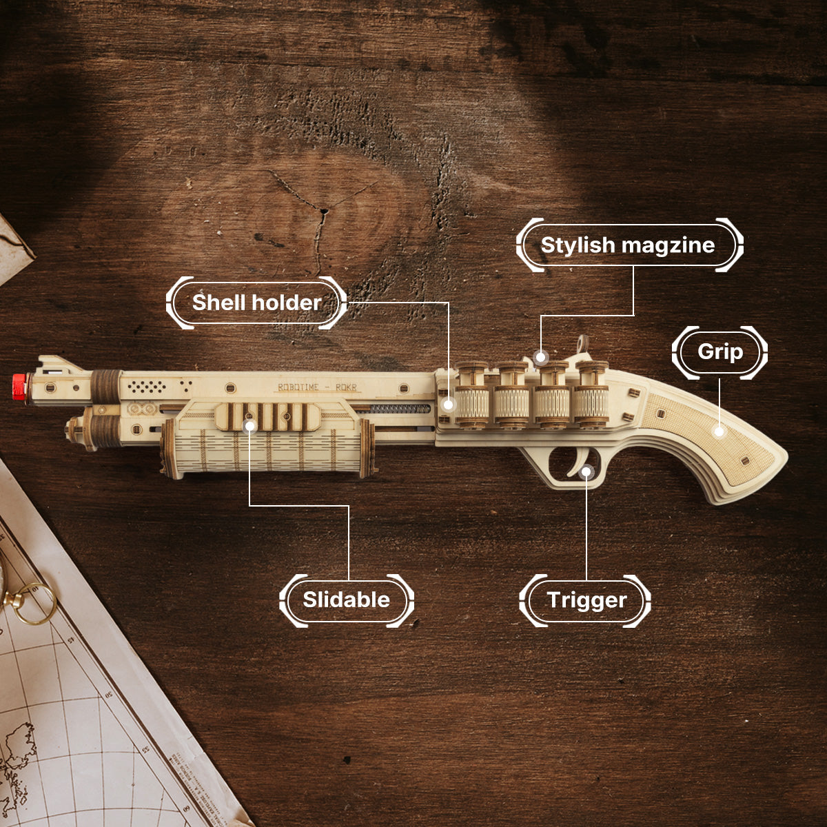 ROKR Terminator M870 Justice Guard Gun LQ501 3D wooden puzzle, angled three-quarter view of the build